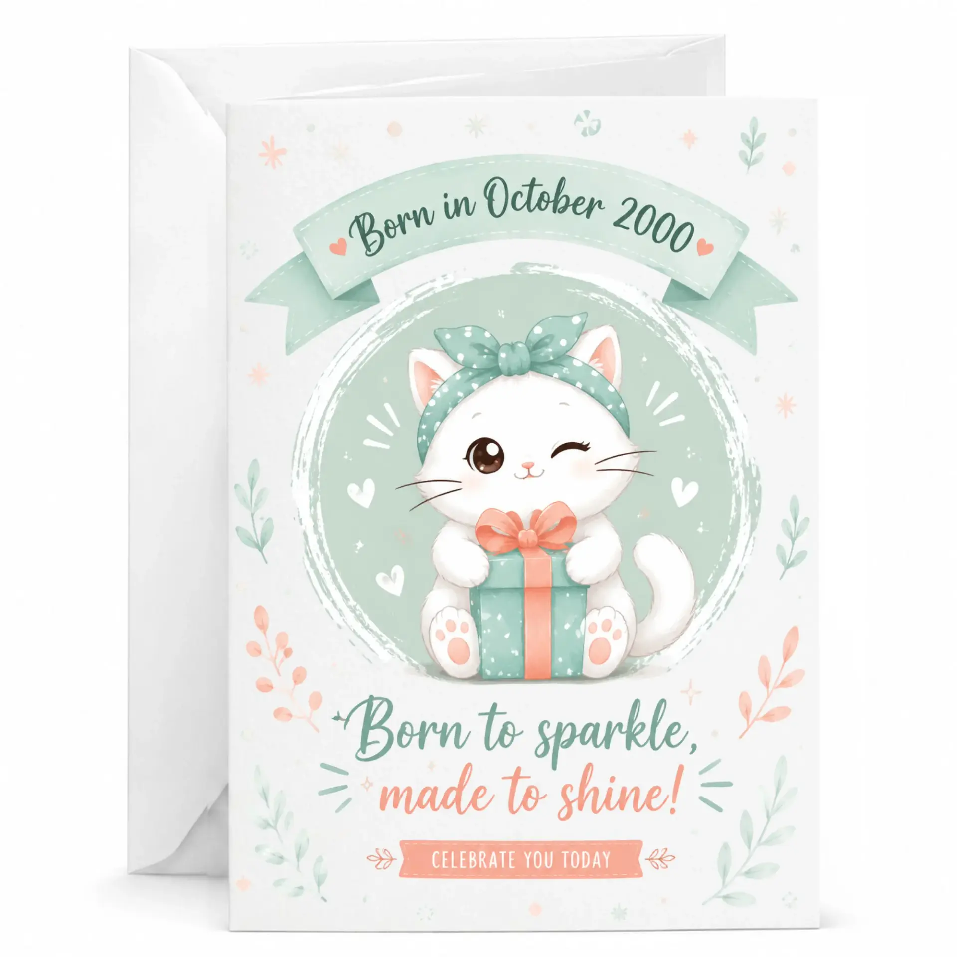 Birthday Card Born in October 2000 Cute Cat Illustration Greeting Card for Anniversary and Milestone Celebration