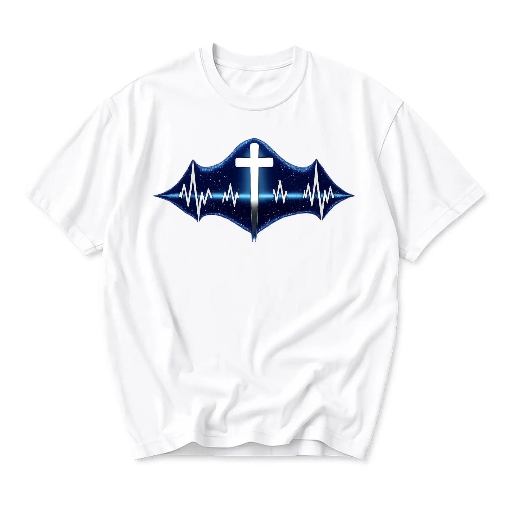 Graphic Tee Religious Cross Ekg Heartbeat Line Print Unisex Crew Neck