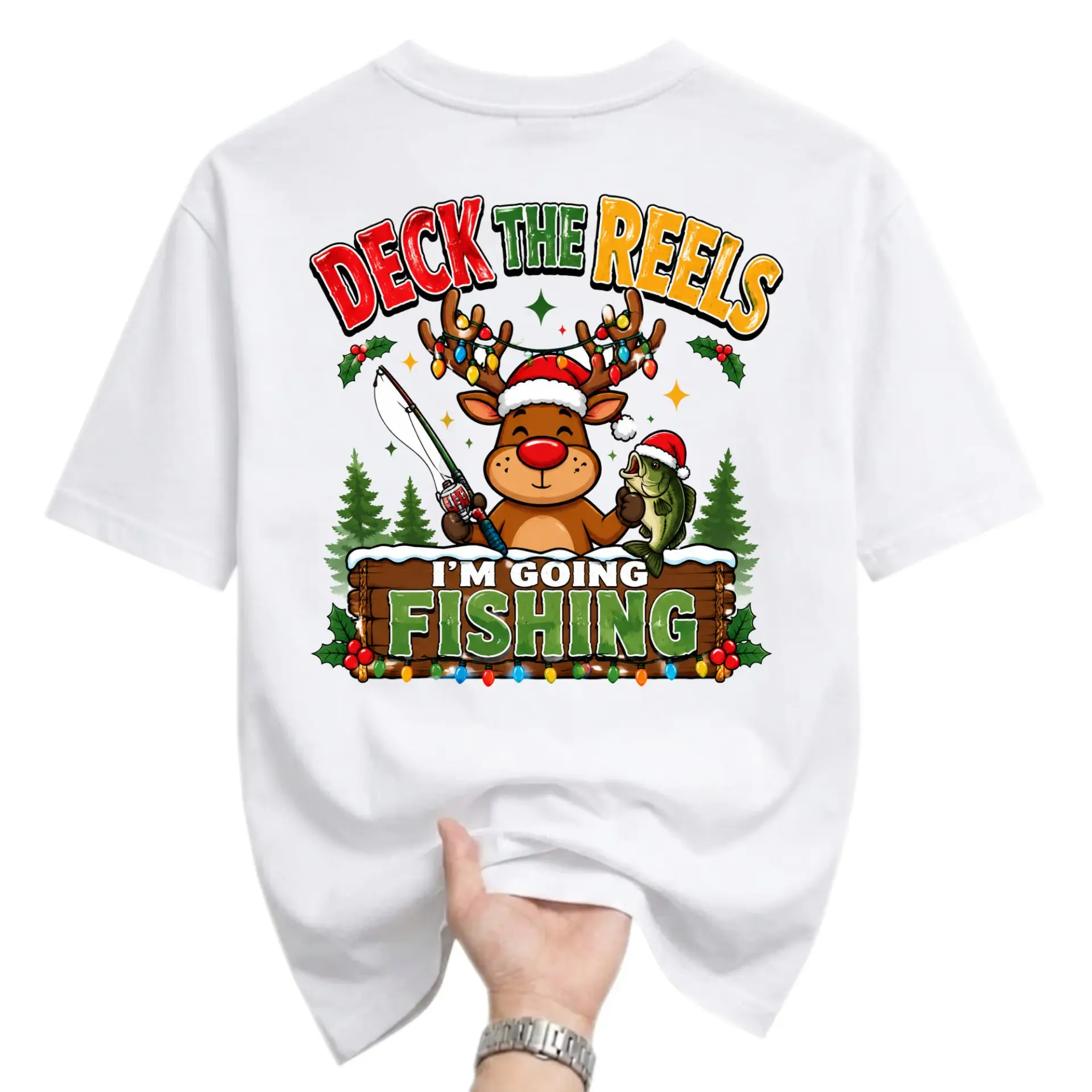 Funny Shirt Deck the Reels Im Going Fishing Graphic Tee Holiday Theme