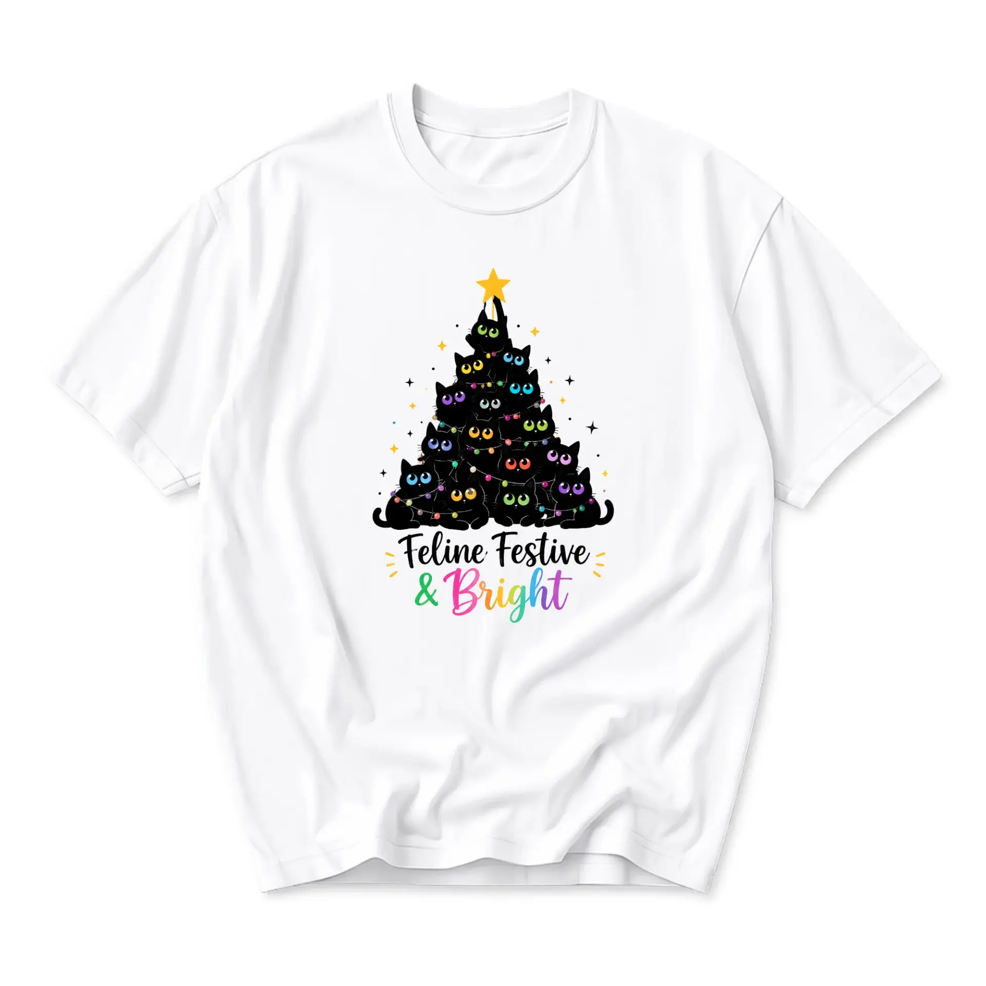 Graphic Tee Feline Festive and Bright Black Christmas Tree Design Unisex