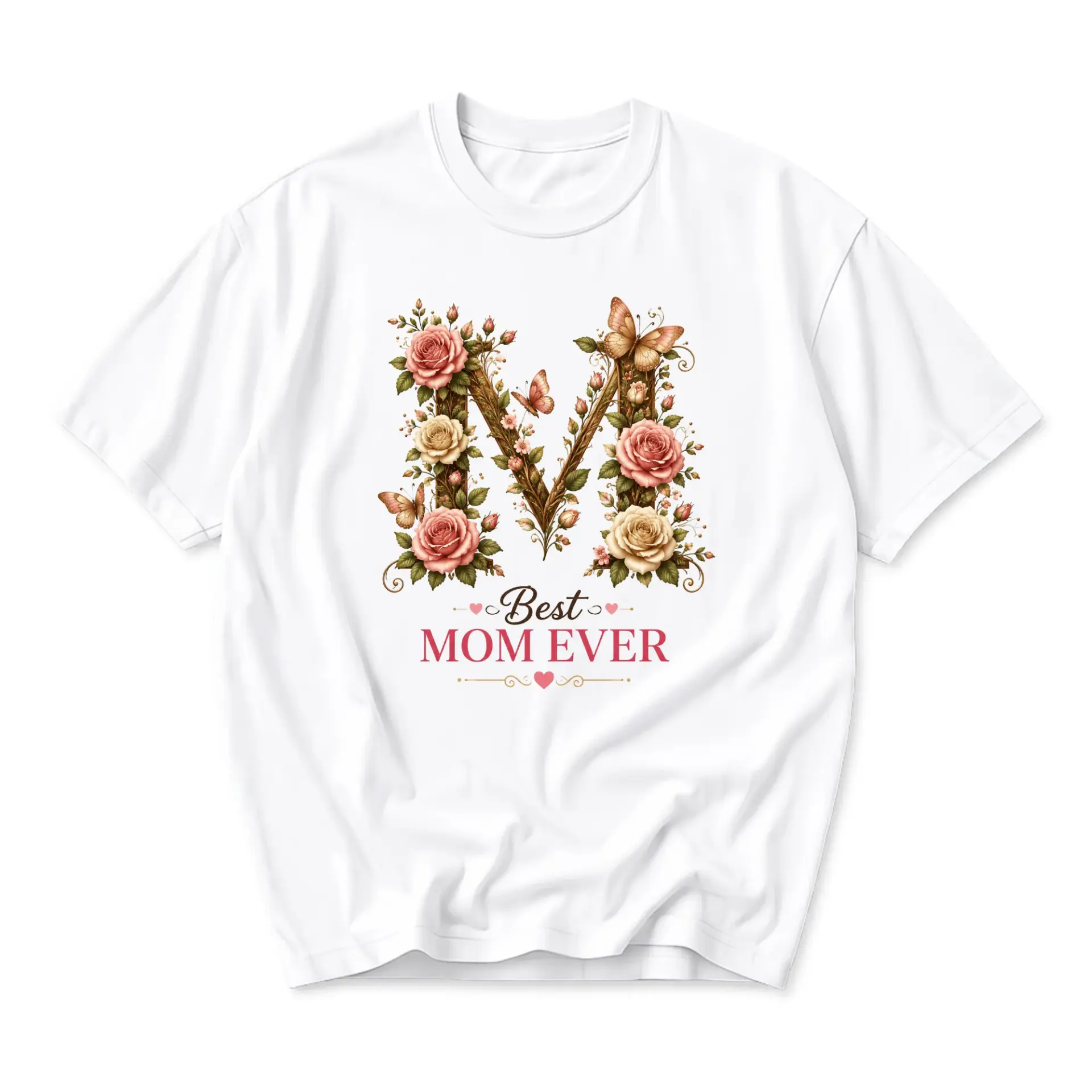 T-shirt Best Mom Ever Floral Letter M Graphic Tee Botanical Butterfly Print Unisex Casual Crew Neck Apparel White