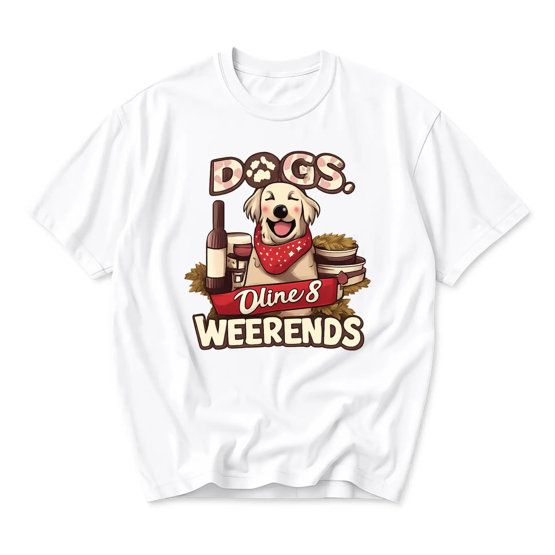 Funny Shirt Featuring a Happy Golden Retriever with Wine and Snacks Design