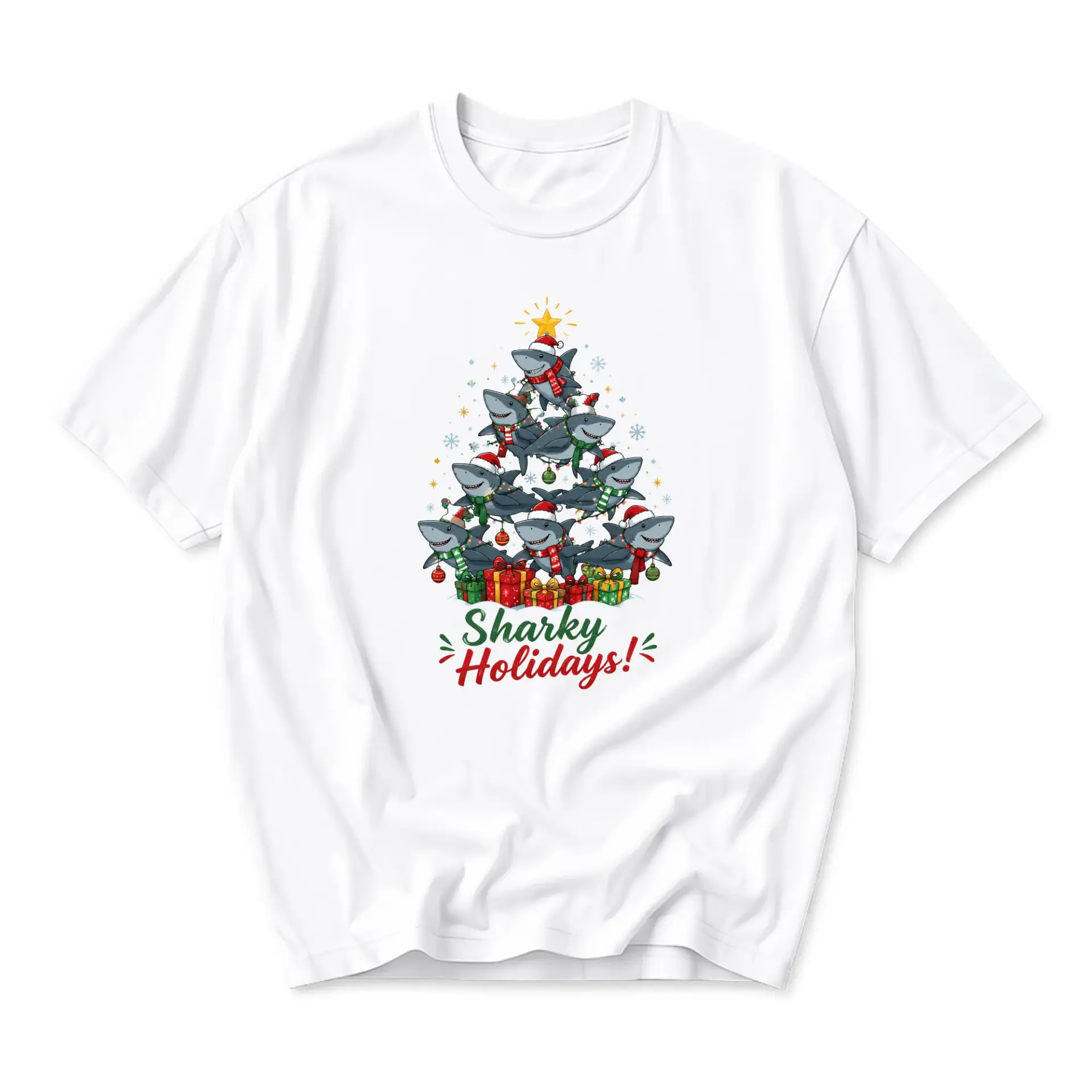 Funny Shirt Sharky Holidays Christmas Tree Graphic Tee Unisex Crew Neck Short Sleeve Casual Cotton Blend Top