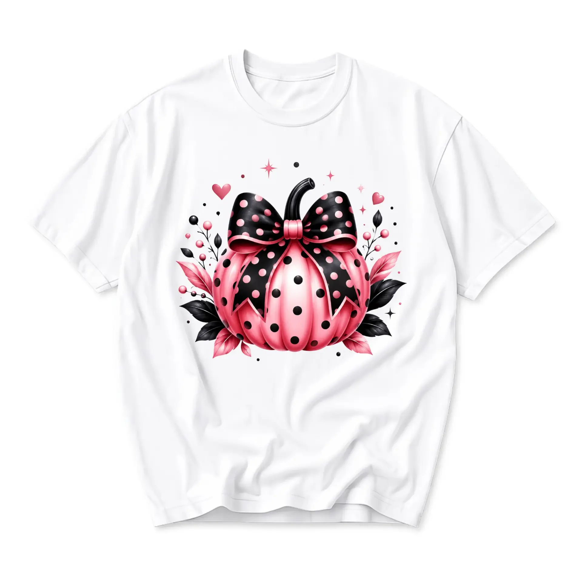Graphic Tee Pink Polka Dot Pumpkin T-Shirt Seasonal Holiday Unisex Casual Crew Neck Comfortable Cotton Blend Shirt