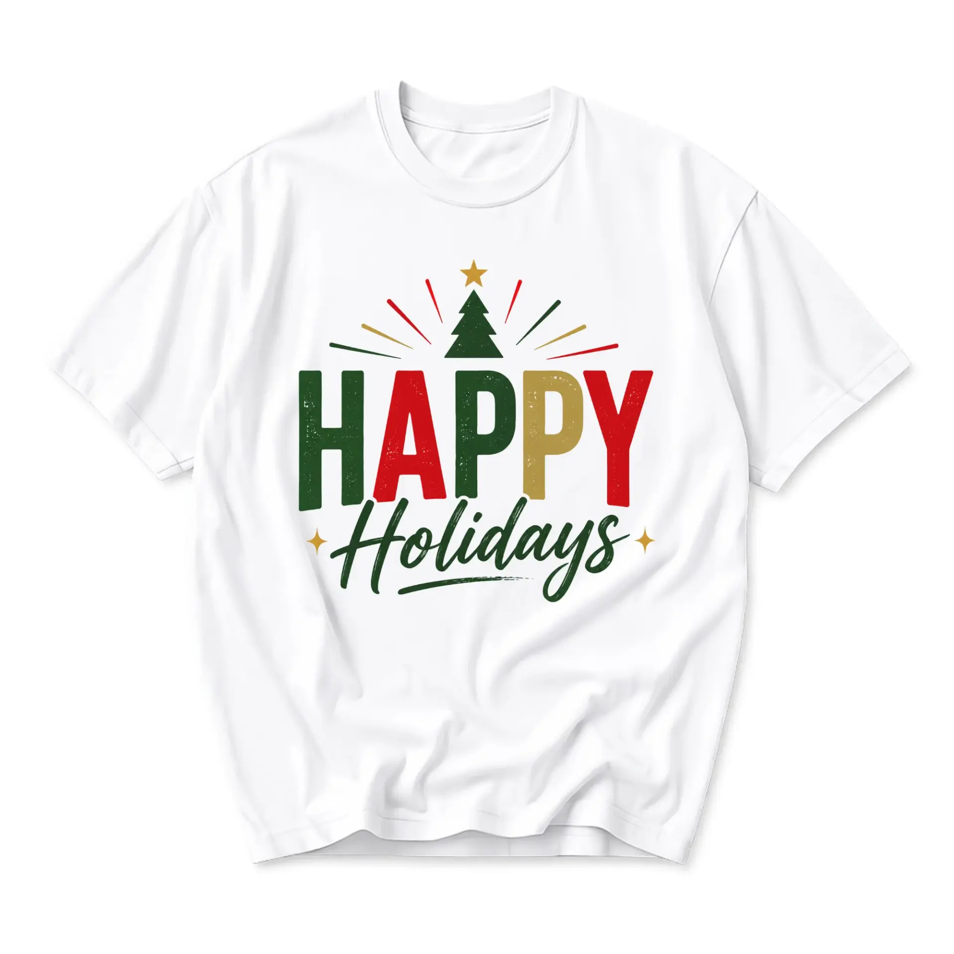 T-shirt Happy Holidays Graphic Tee Seasonal Winter Festive Apparel Unisex Crew Neck Casual Cotton Blend Top White