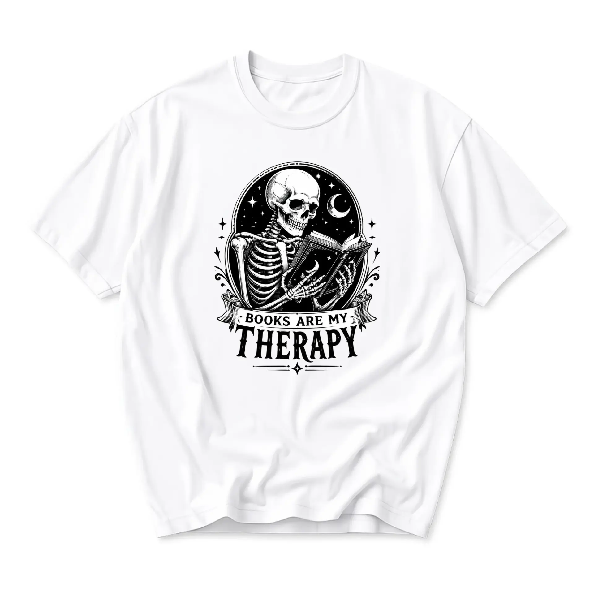 Graphic Tee Books Are My Therapy Skeleton Reading Book Shirt Unisex Casual Crew Neck Comfortable Cotton Blend Top