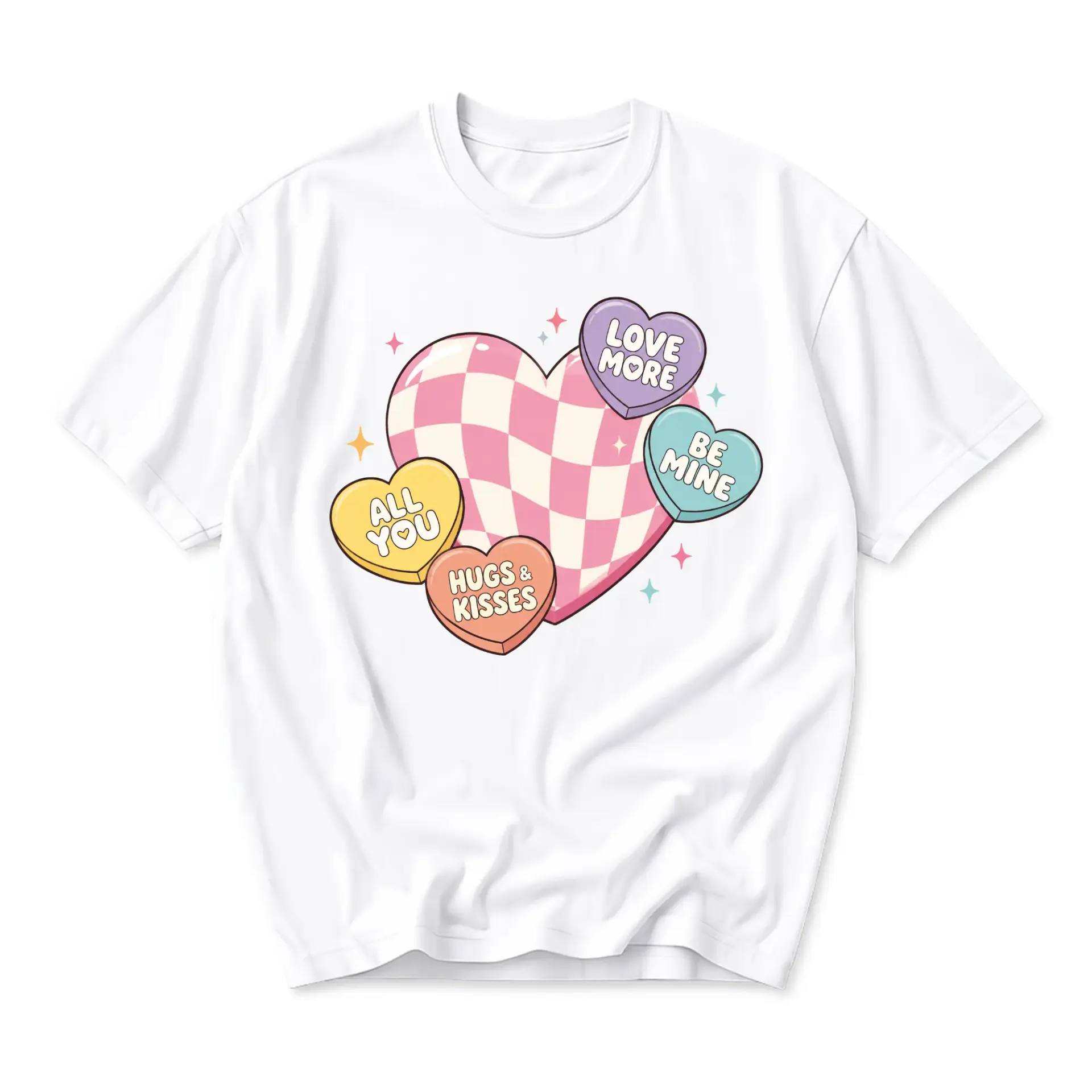Graphic Tee Unisex Heart Candy Message T-Shirt Retro Aesthetic Printed Casual Apparel for Everyday Wardrobe White