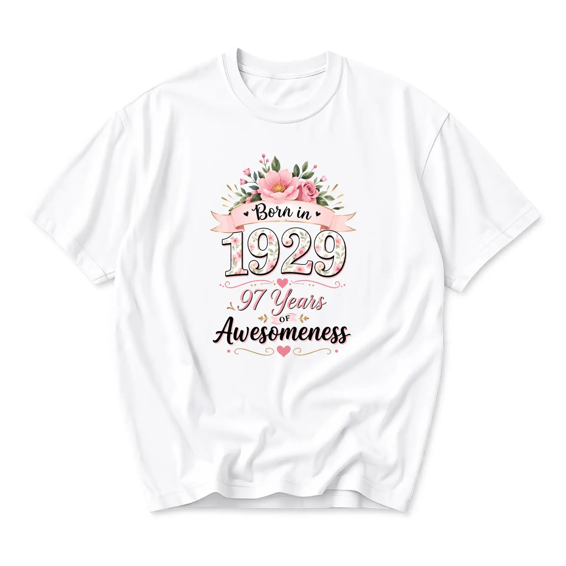 Graphic Tee Born in 1929 97 Years of Awesomeness Floral Design Unisex Casual Crew Neck Comfortable Cotton Shirt
