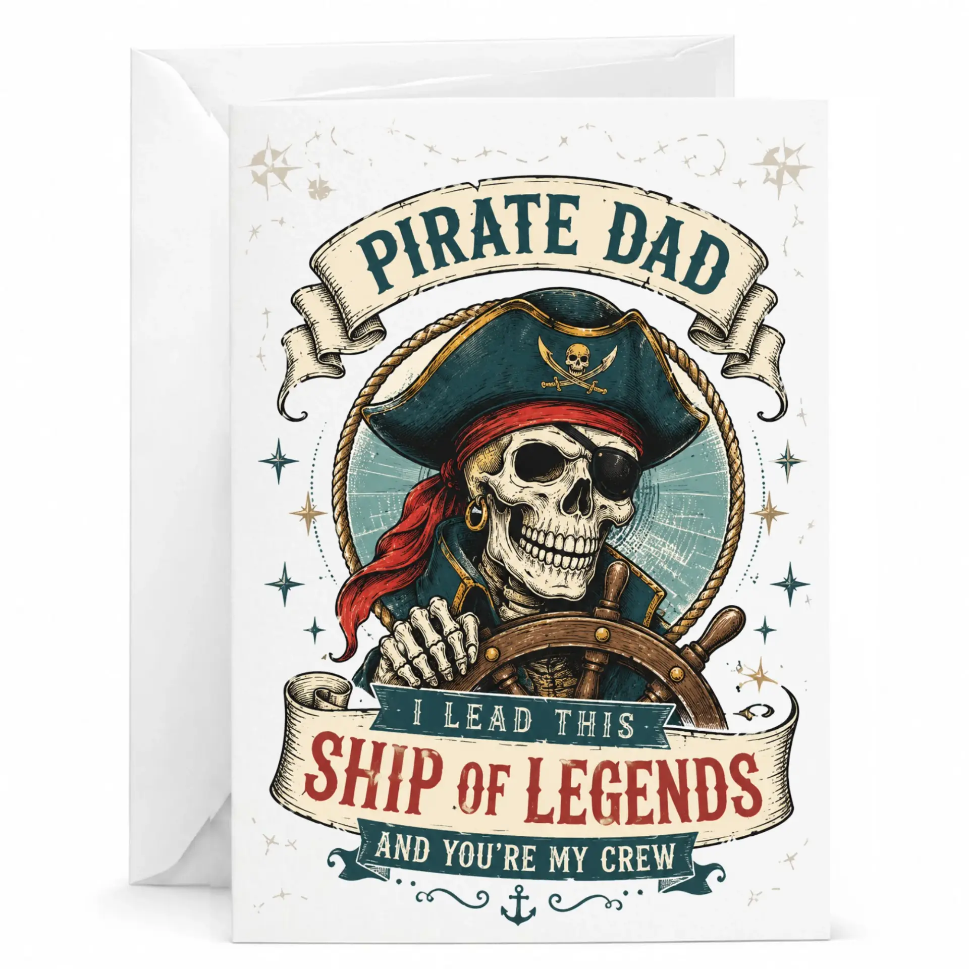 Funny Pirate Dad Greeting Card with Envelope Nautical Theme Birthday for Father Retro Skeleton Sailor Illustration