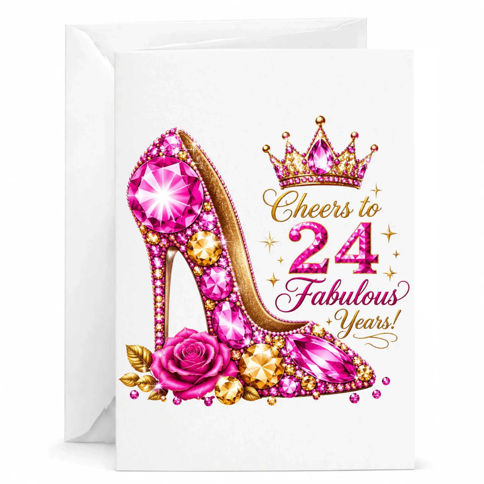 Greeting Card for 24th Birthday with Sparkling High Heel Shoe and Crown Design Elegant and Festive Celebration Card