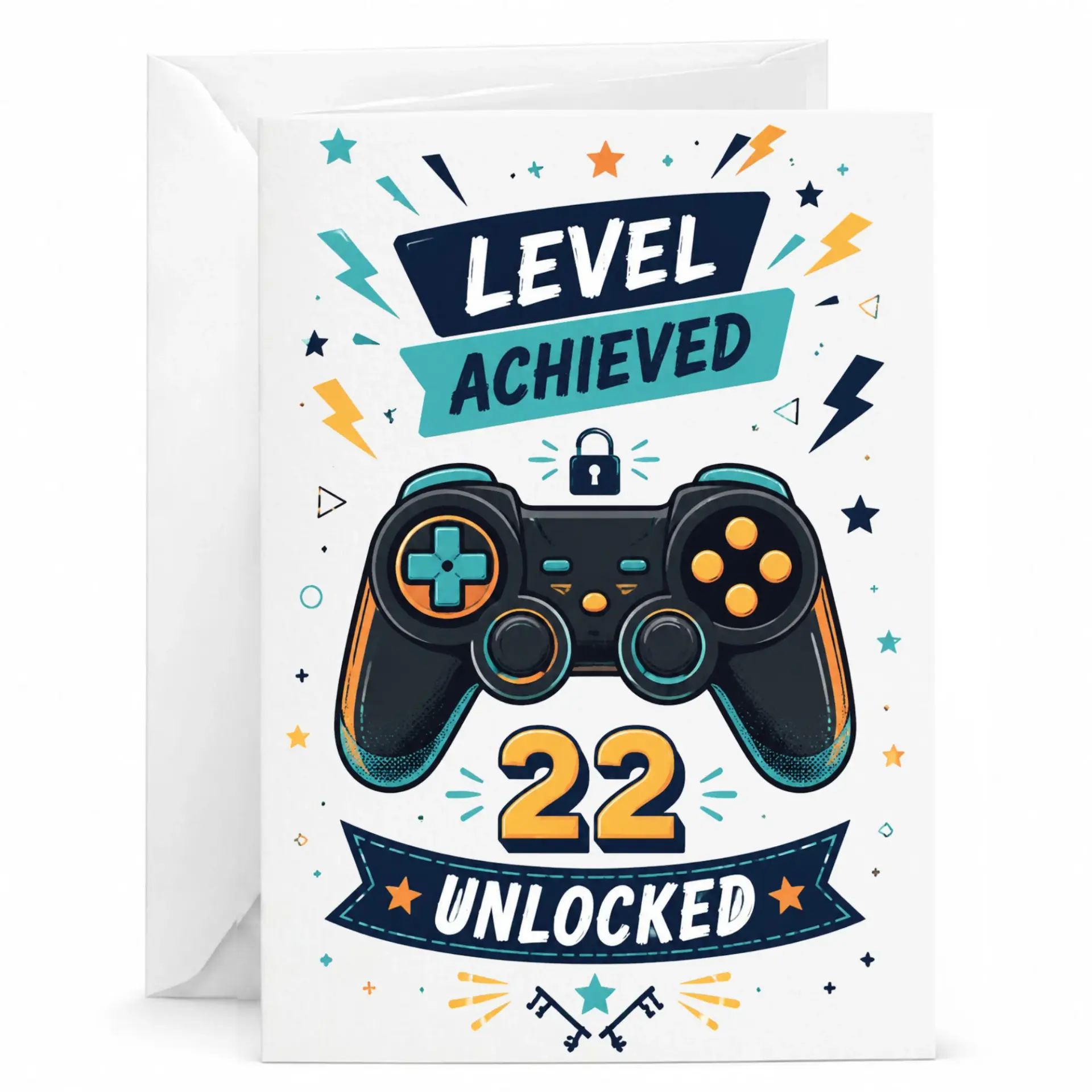 Birthday Card for Gamer Level 22 Unlocked Achievement Theme Greeting Card with Matching White Envelope for Milestone Age