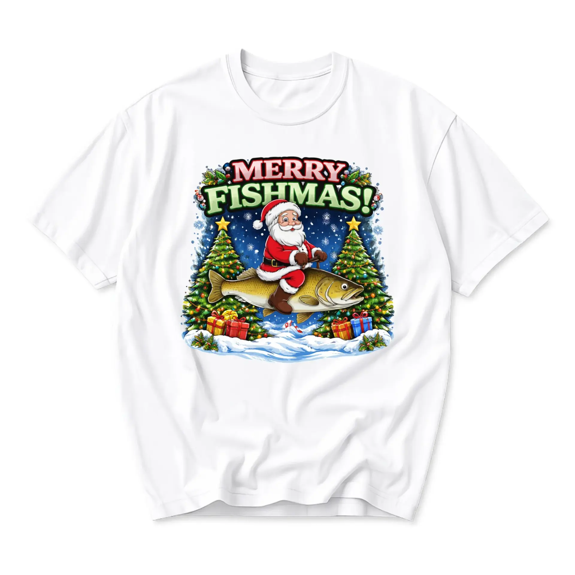 Funny Shirt Merry Fishmas Santa Riding a Fish Graphic Tee Holiday Season Casual Unisex Crew Neck Cotton Top White