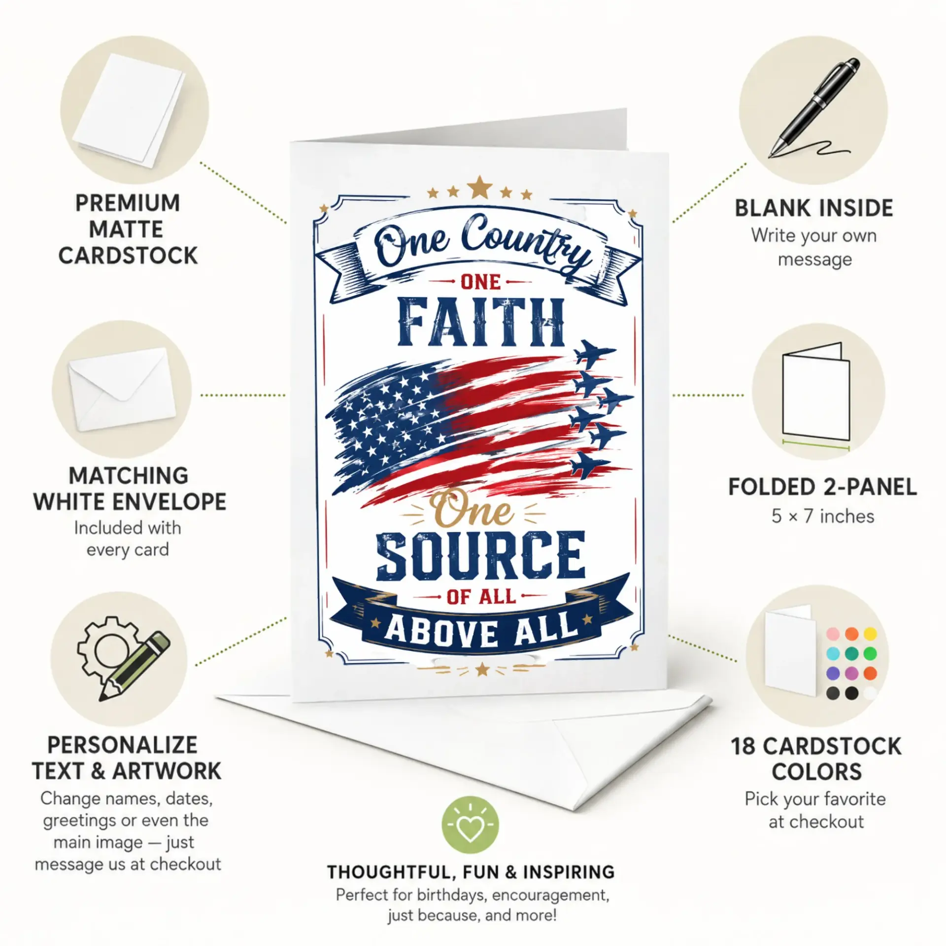 Greeting Card One Country One Faith Patriotic Artwork with Jet Fighters for Military Appreciation and National Pride