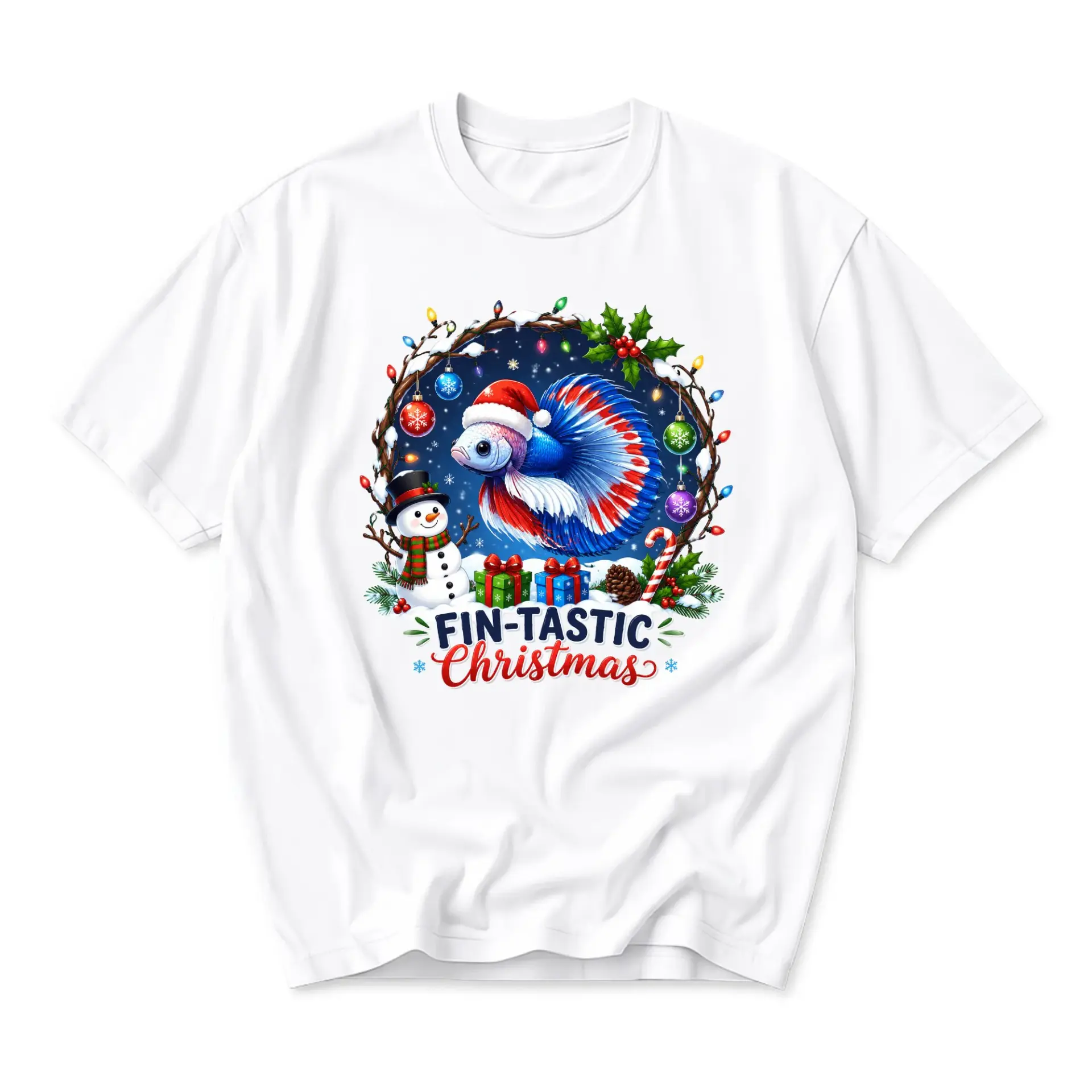 Funny Shirt Fin-Tastic Christmas Graphic Tee Festive Fish Holiday Apparel Unisex Crew Neck Casual Cotton Top