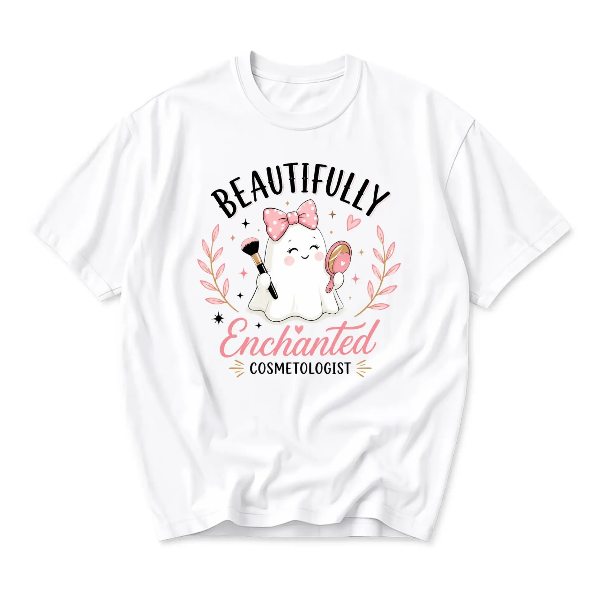 Graphic Tee Beautifully Enchanted Cosmetologist Ghost Design Unisex Crew Neck Soft Cotton Casual Everyday Apparel