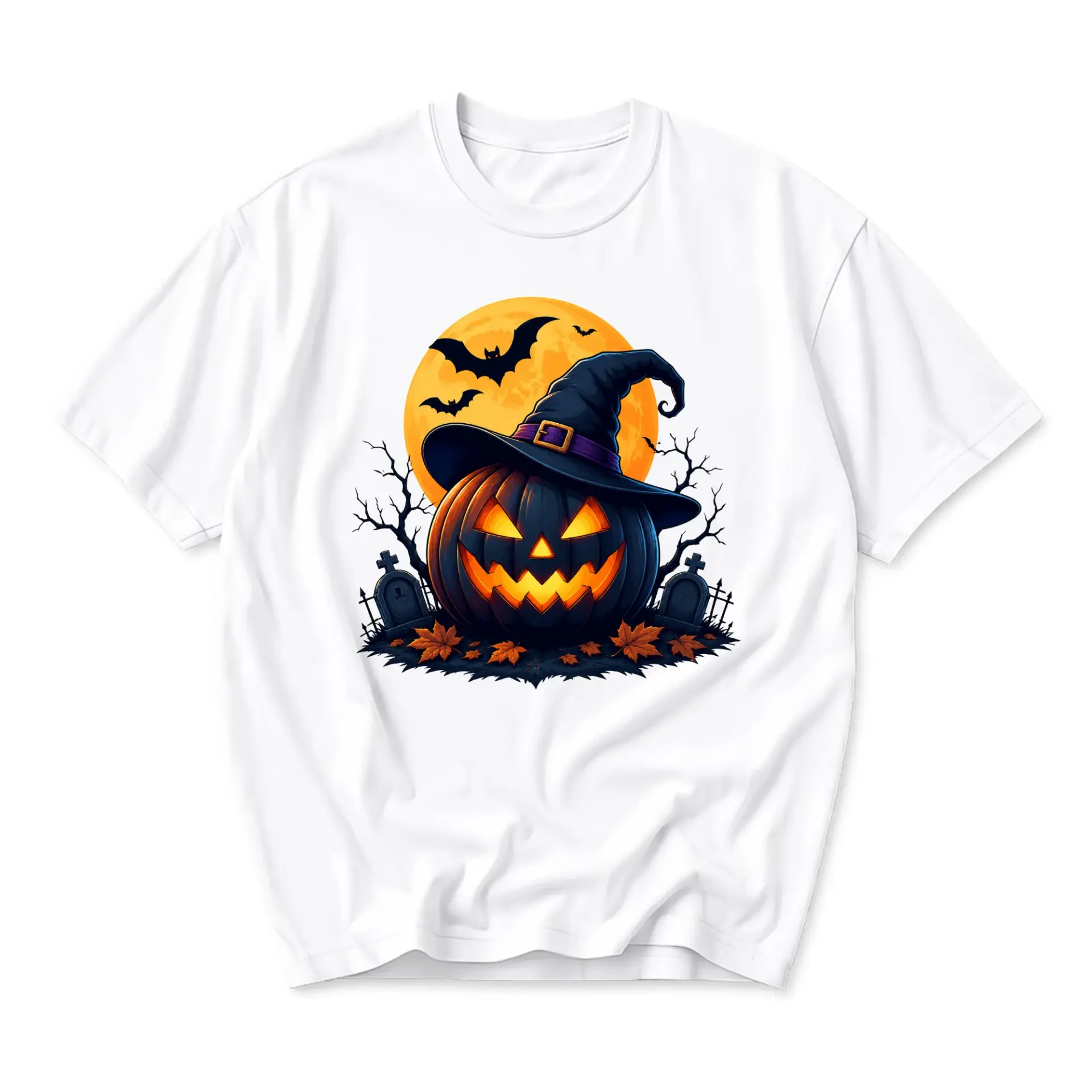 Graphic Tee Unisex Crew Neck T-Shirt Featuring Spooky Halloween Pumpkin Jack O Lantern Wearing a Witch Hat Print