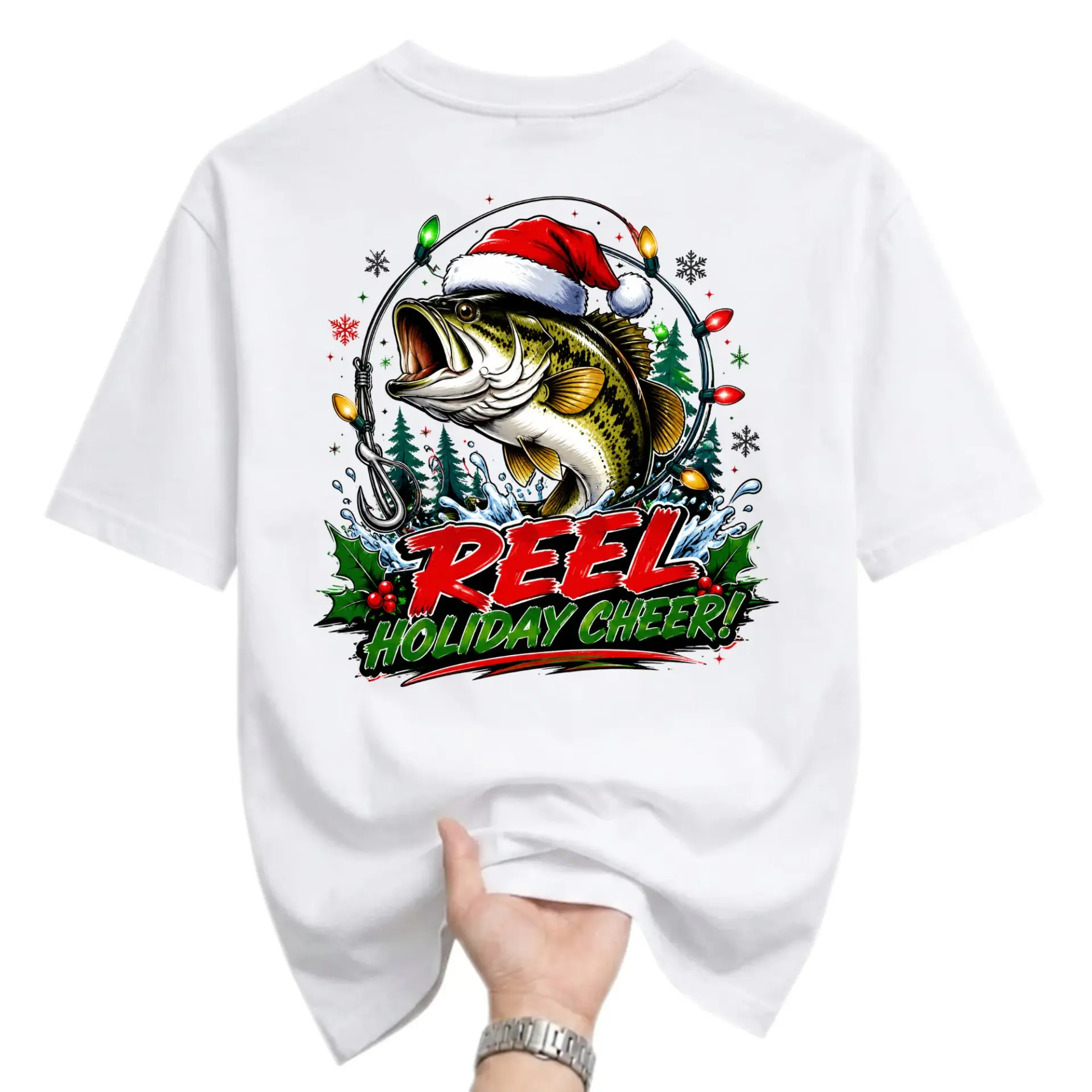 Funny Shirt Reel Holiday Cheer Fishing Graphic Tee Seasonal Unisex Crew