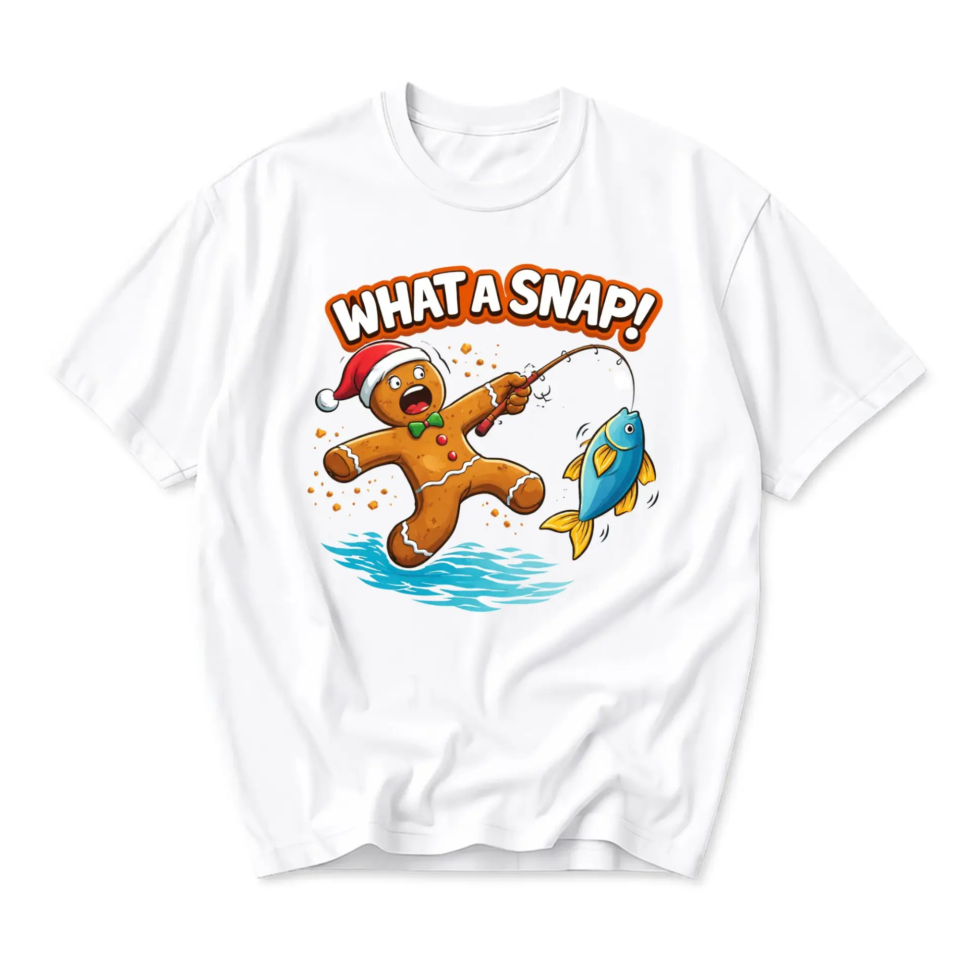 Funny Shirt Gingerbread Man Fishing Graphic Tee Unisex Short Sleeve Casual
