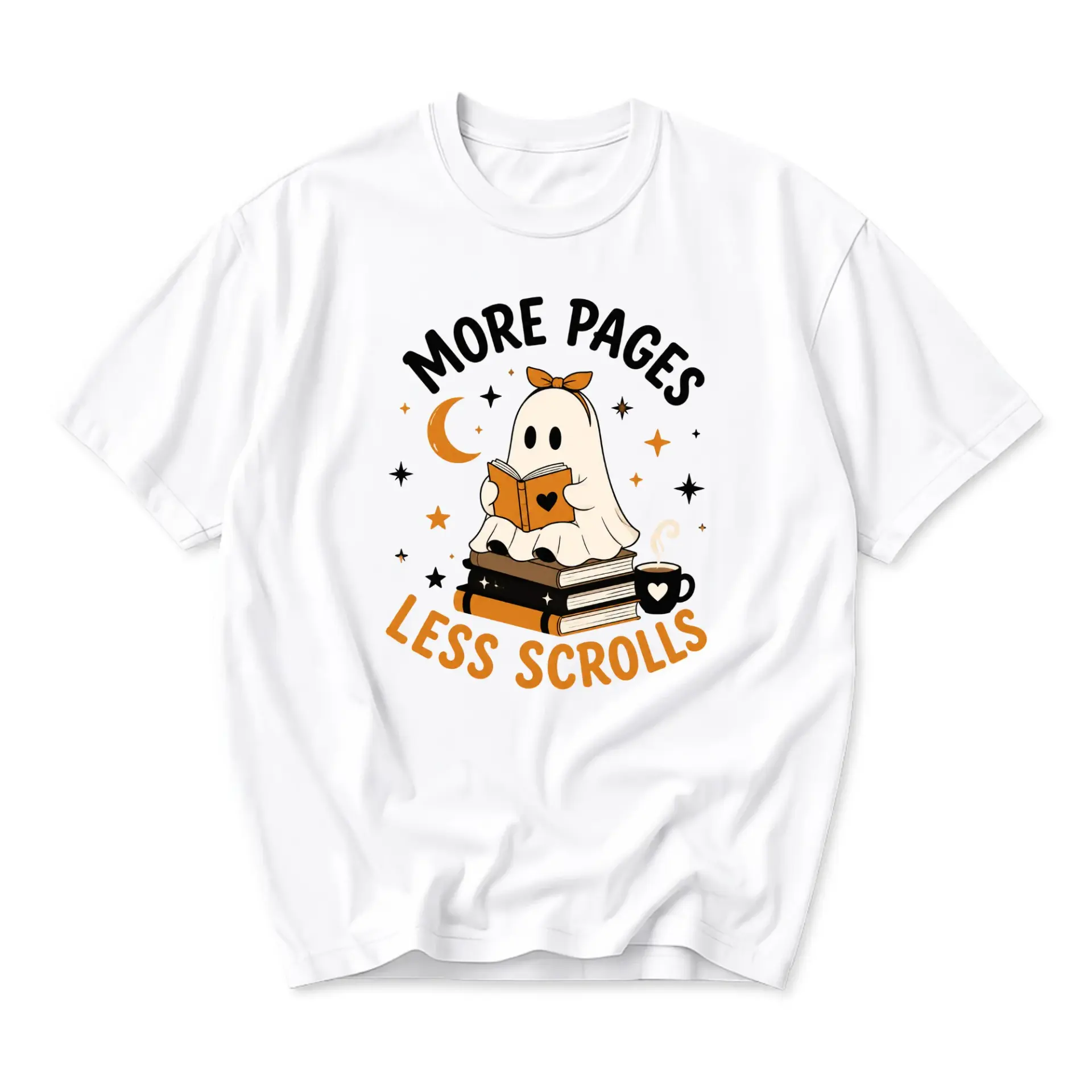 Funny Shirt More Pages Less Scrolls Graphic Tee Cute Reading Ghost Unisex Crew Neck Casual Cotton Blend Summer Top