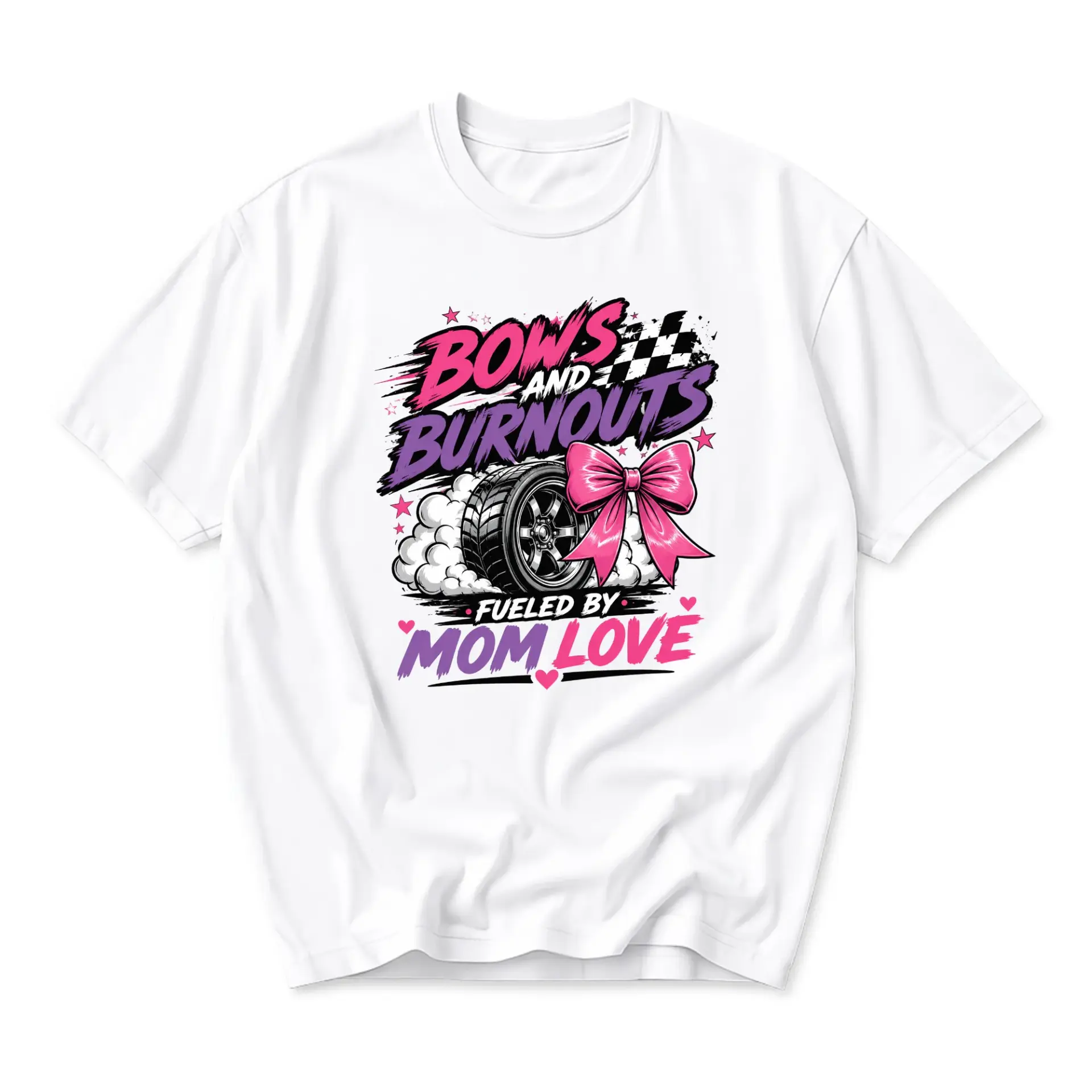 Graphic Tee Bows and Burnouts Fueled by Mom Love Unisex Short Sleeve Cotton Blend Casual Crew Neck Fashion Shirt