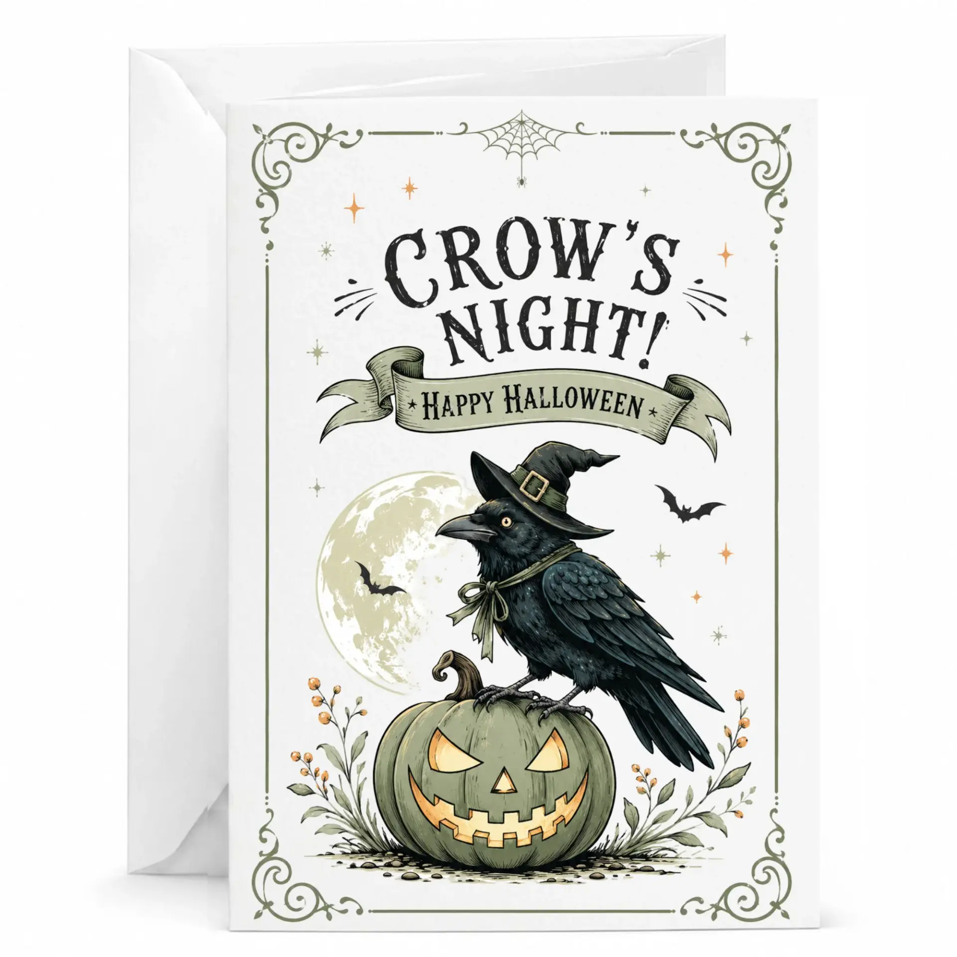 Holiday Greeting Card Crow Wearing Witch Hat Sitting on Pumpkin Halloween