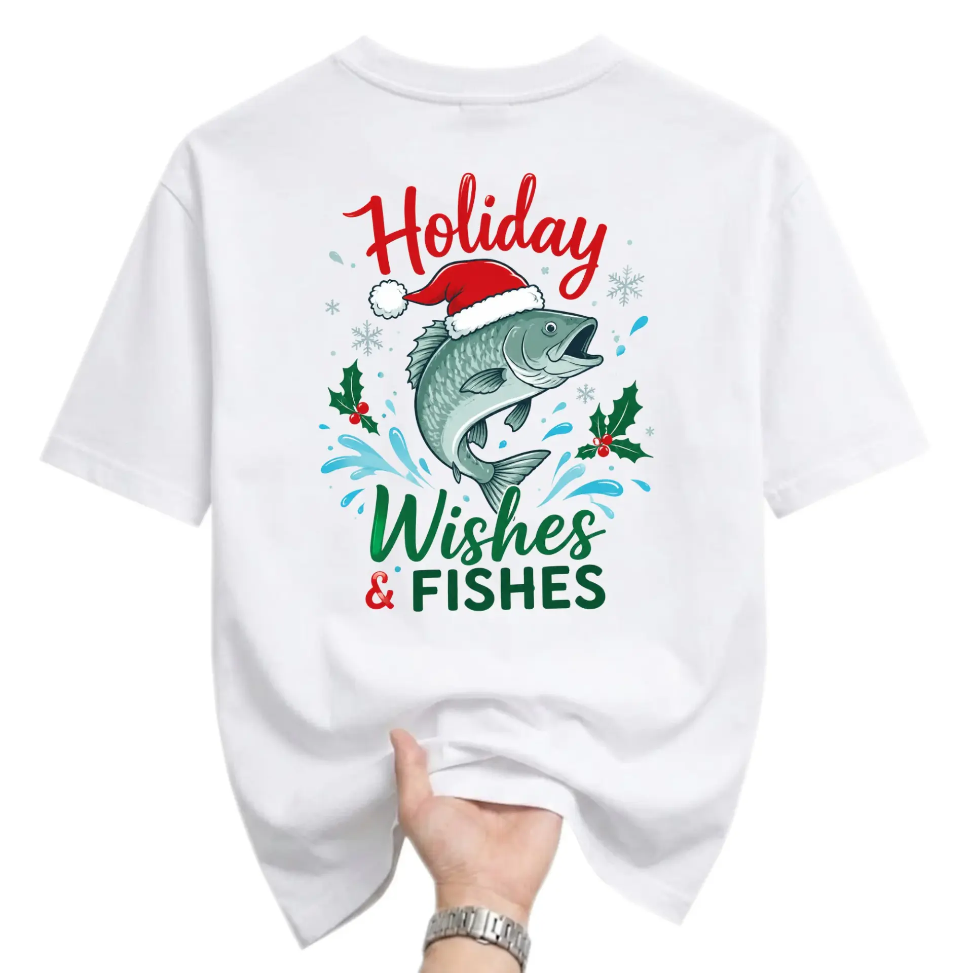Funny Shirt Holiday Wishes and Fishes Graphic Tee for Fishing Enthusiasts Seasonal Unisex Crew Neck T-Shirt
