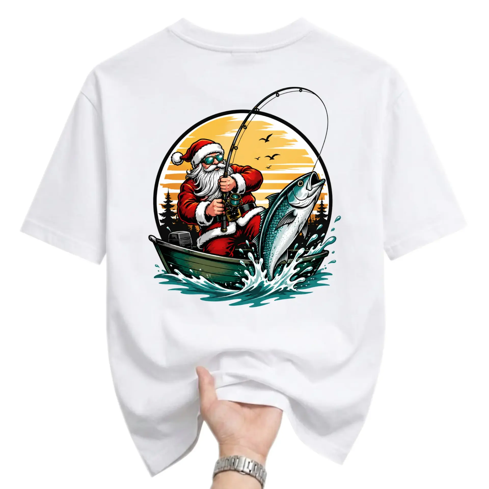Graphic Tee Unisex Crew Neck T-Shirt Featuring Santa Claus Fishing Illustration Casual Short Sleeve Top for Men and Women