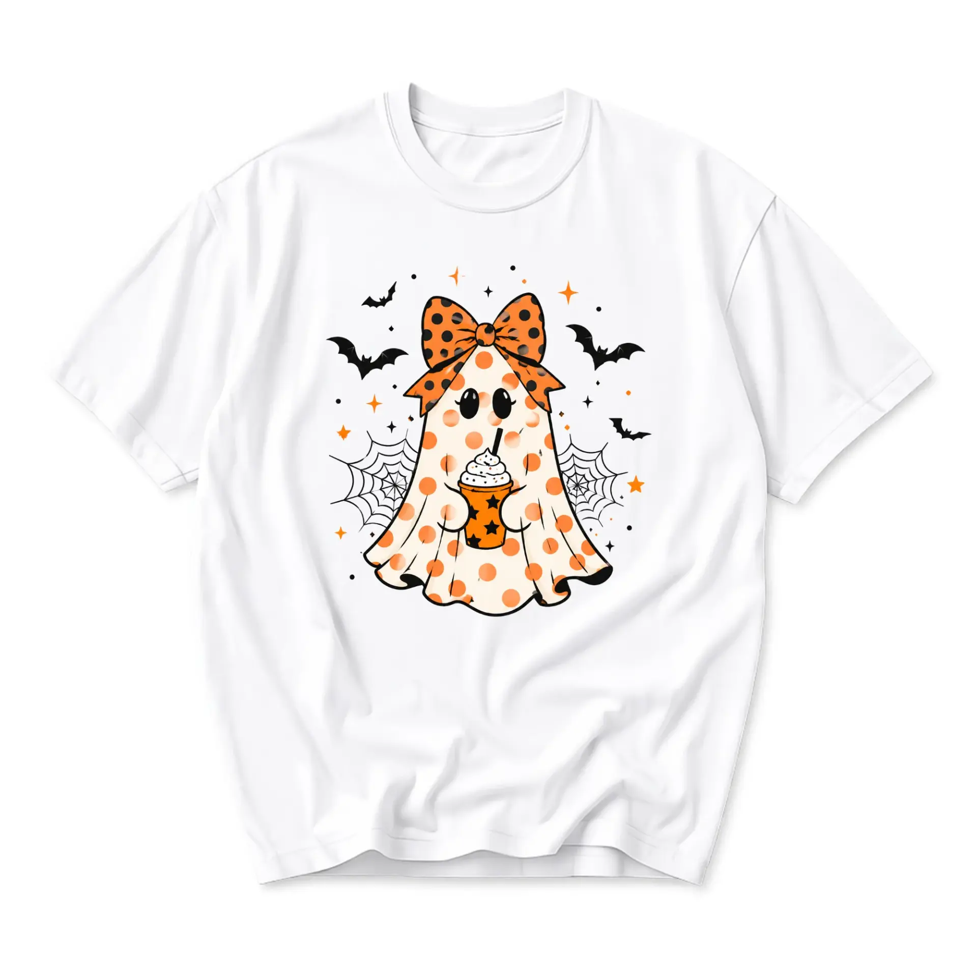 Graphic Tee Unisex Crew Neck Short Sleeve Shirt Featuring a Cute Polka Dot Ghost with a Coffee Cup Design White