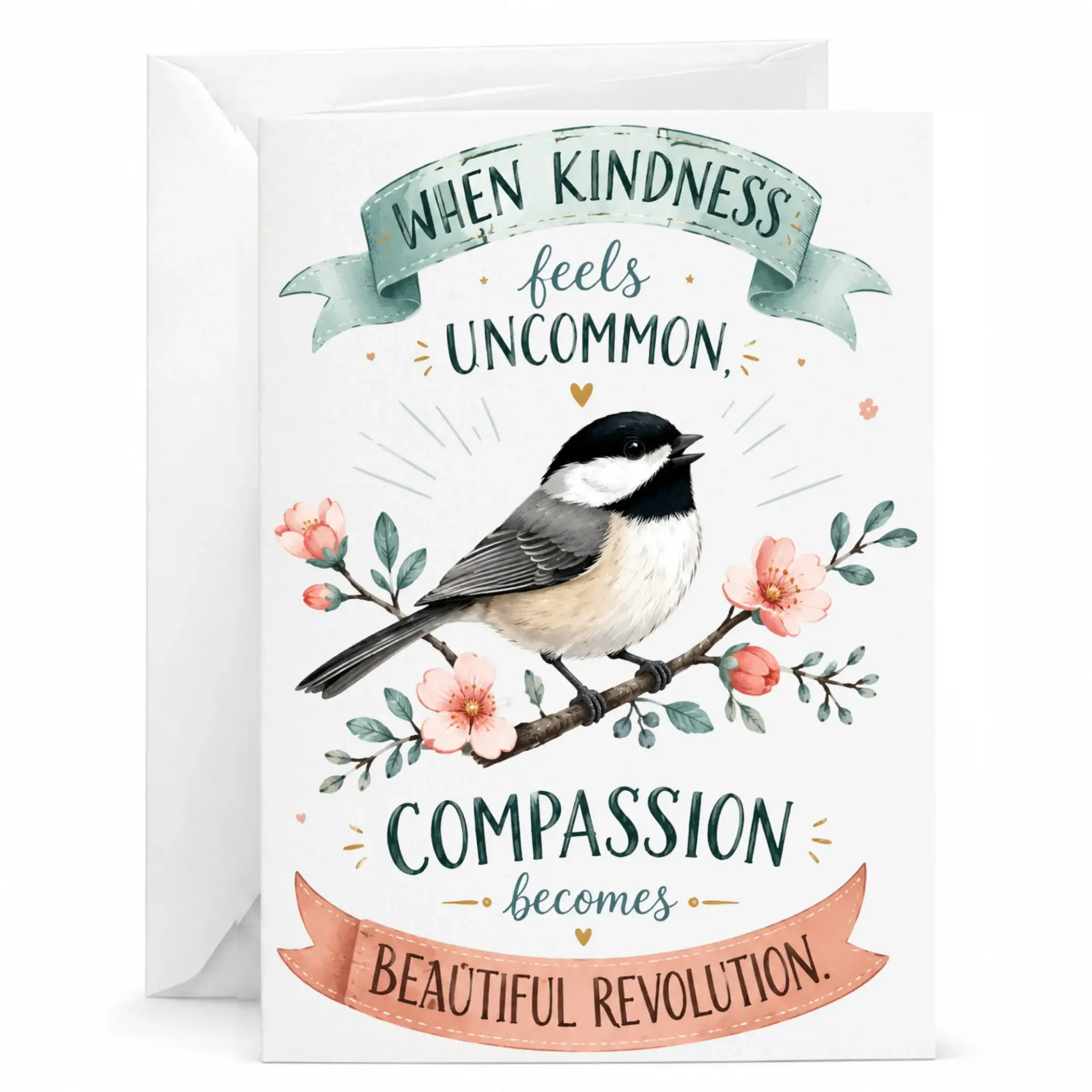 Greeting Card Inspirational Bird Quote When Kindness Feels Uncommon Becomes Beautiful Floral Art