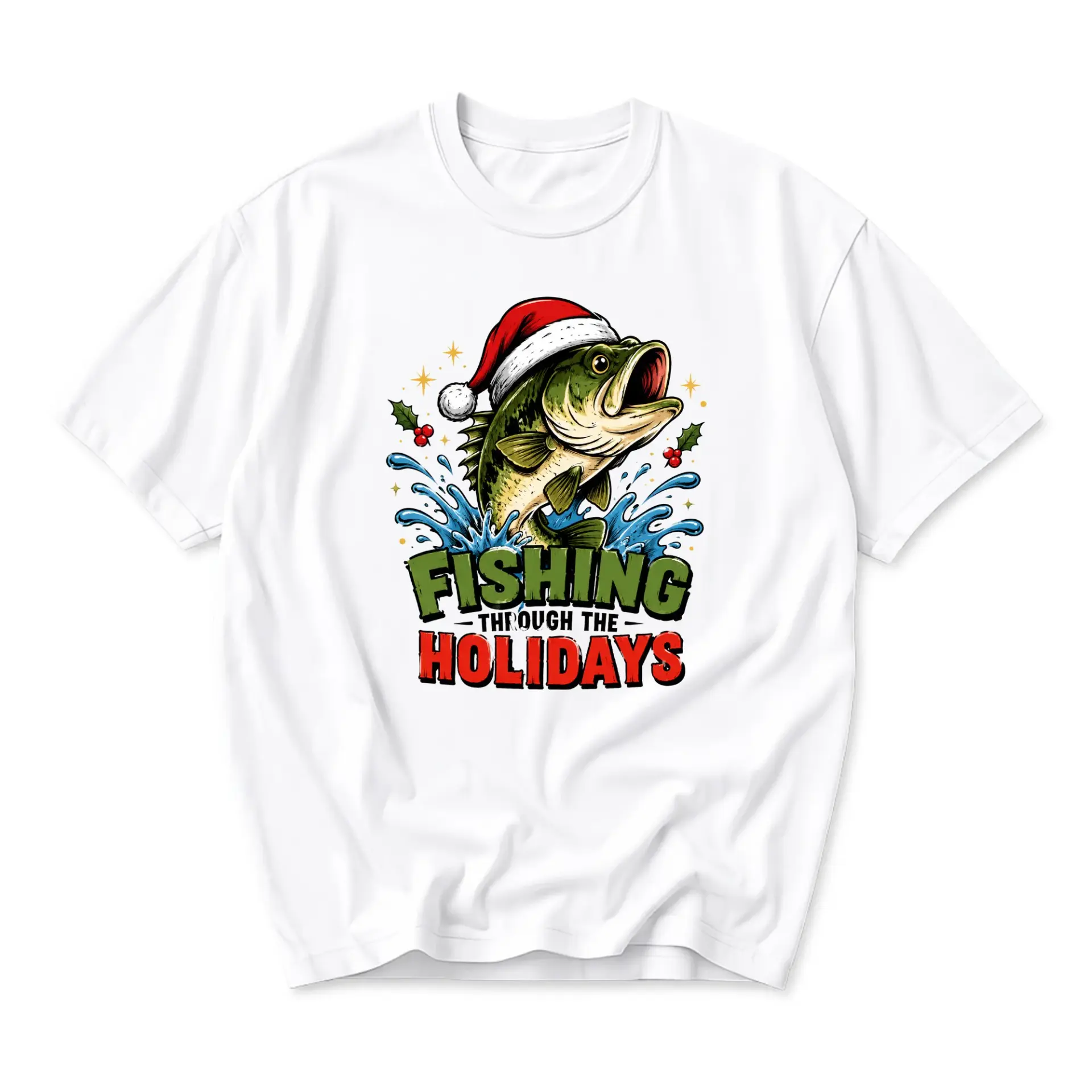 Graphic Tee Fishing Through the Holidays Unisex Crew Neck Shirt Festive
