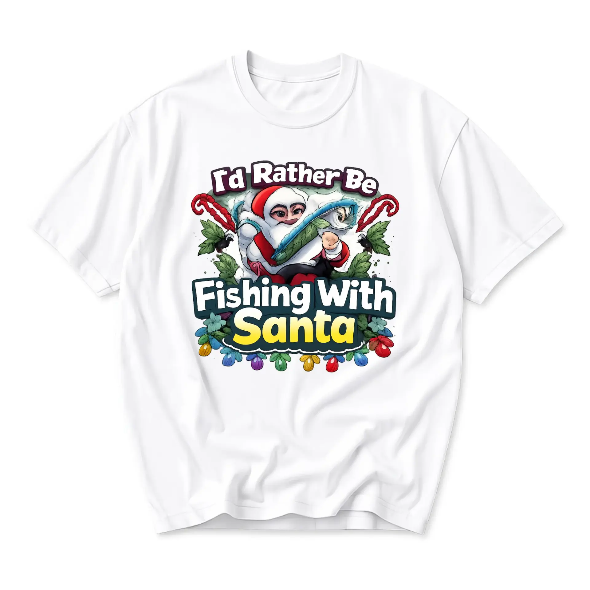 Funny Shirt Id Rather Be Fishing with Santa Graphic Tee Unisex Holiday