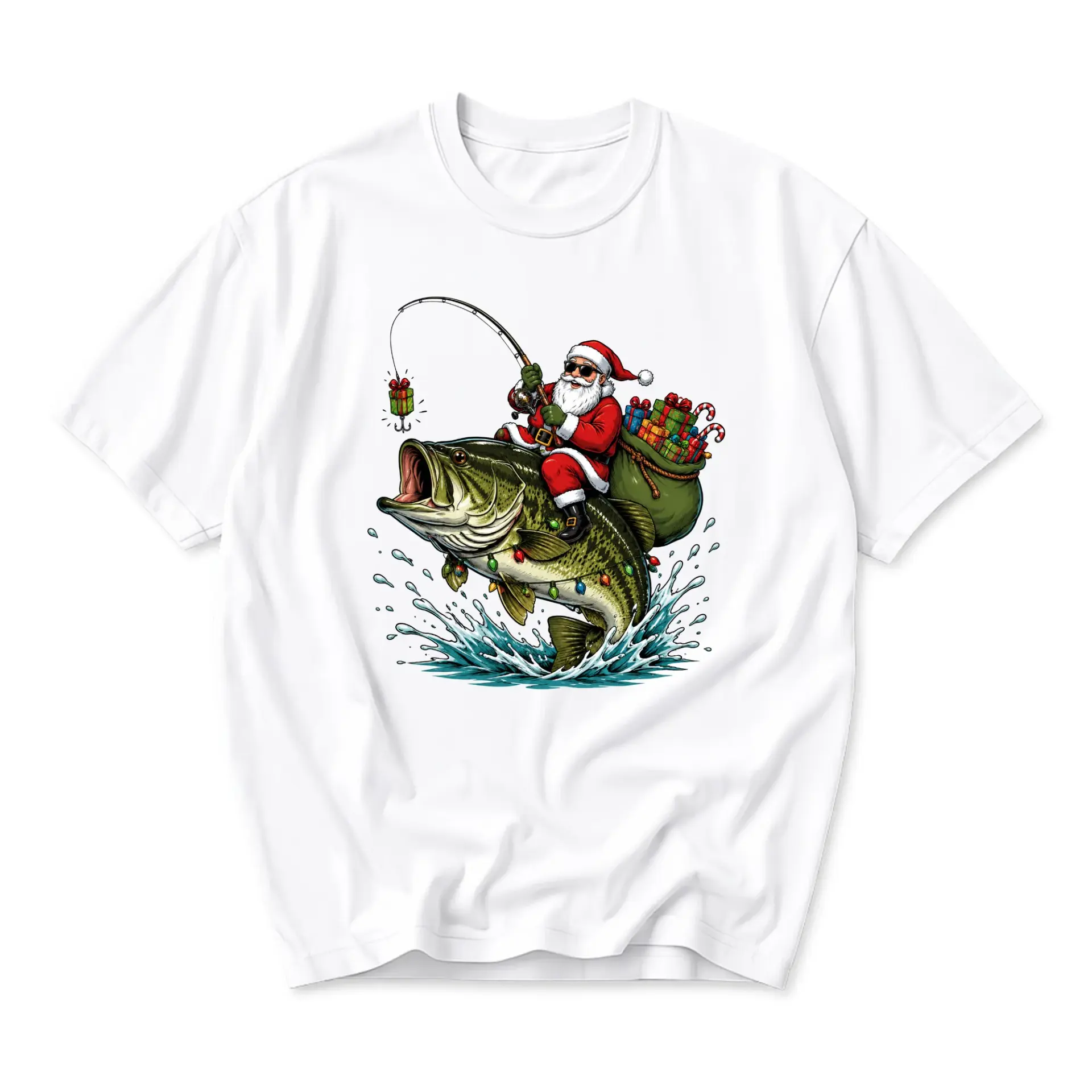 Graphic Tee Santa Claus Fishing on Large Fish Holiday Season Unisex Short