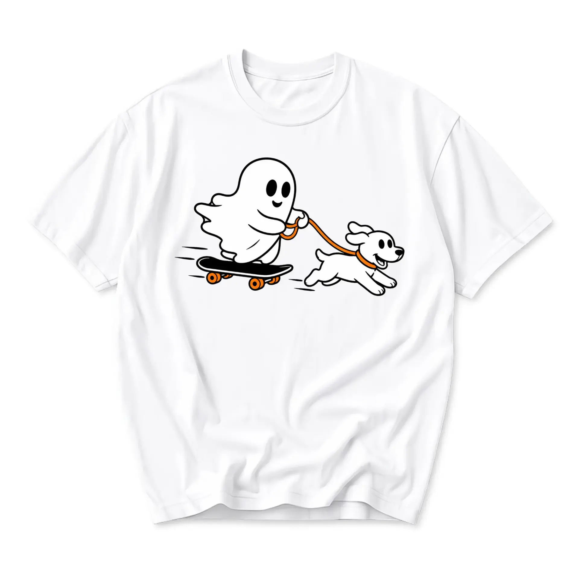 Funny Shirt Graphic Tee Featuring a Cute Cartoon Ghost Skating While Walking a Happy Puppy for Casual Everyday Wear