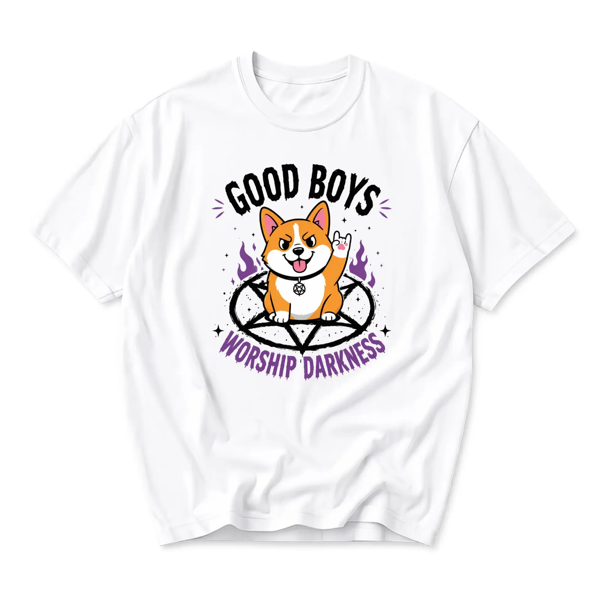 Funny Shirt Graphic Tee Good Boys Worship Darkness Corgi Humor Gift Casual Unisex Crew Neck Cotton Blend T-Shirt