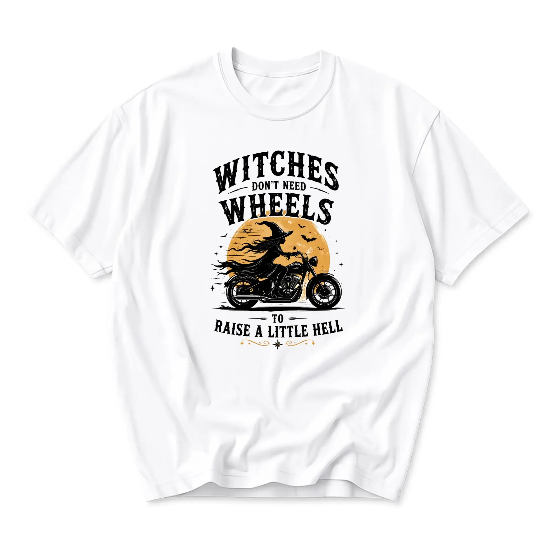 Graphic Tee Unisex Crew Neck T-Shirt Featuring Witch Riding a Motorcycle Design Comfortable Cotton Blend Everyday Apparel