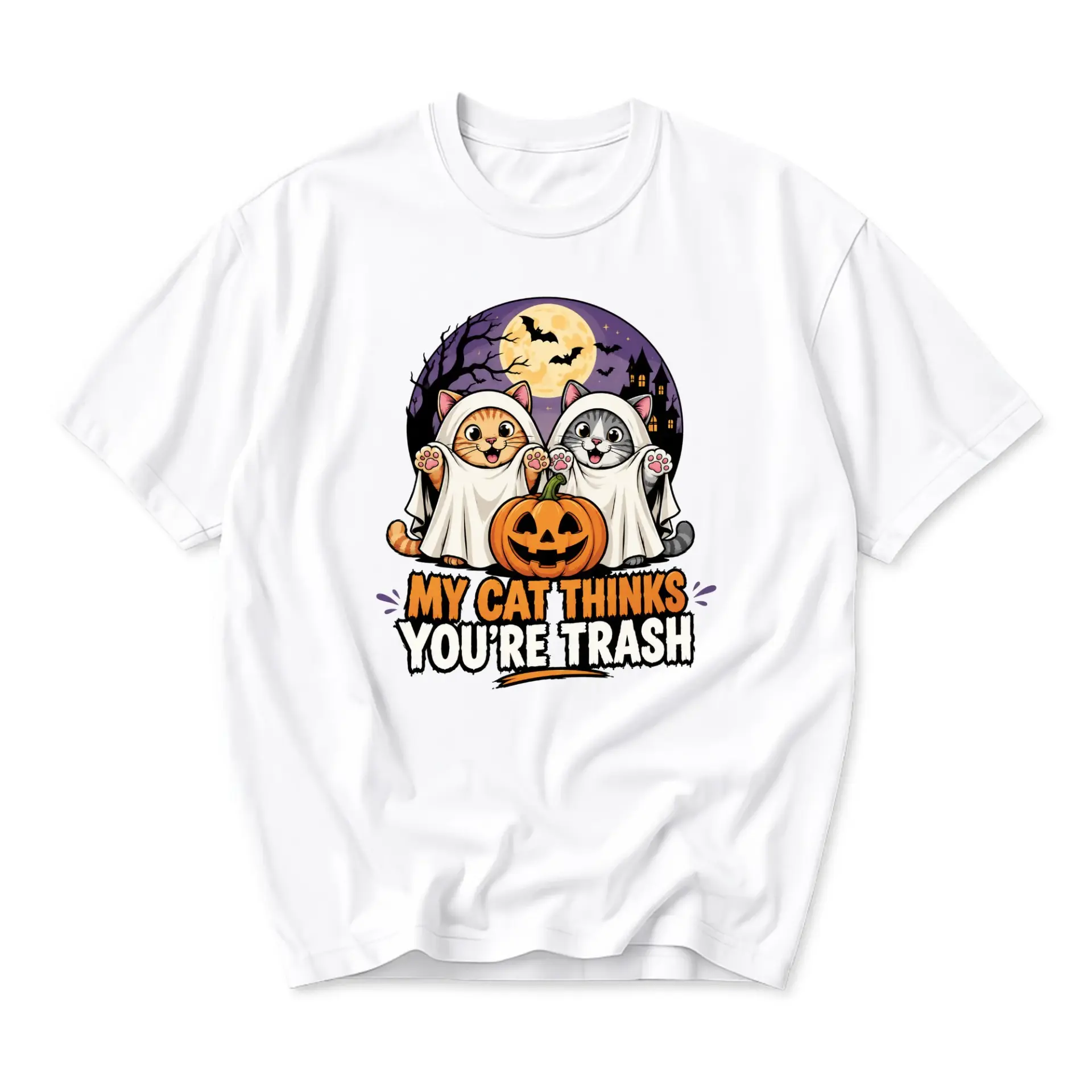 Funny Shirt Unisex Graphic Printed T-Shirt Featuring Two Cute Cats in Ghost Costumes with a Halloween Pumpkin Design