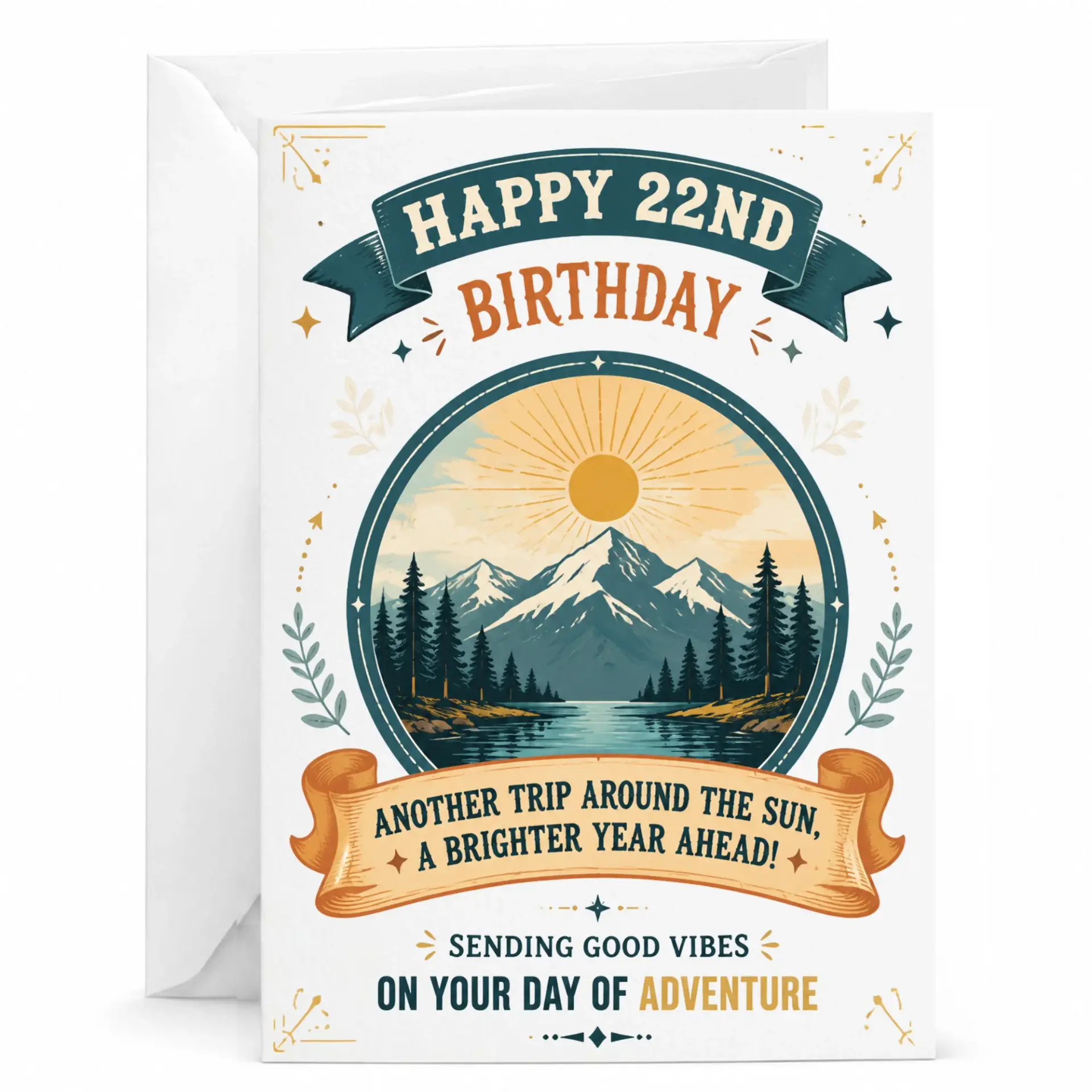 Birthday Card Happy 22nd Birthday Mountain Adventure Nature Theme Greeting Card with Envelope for Milestone Celebration