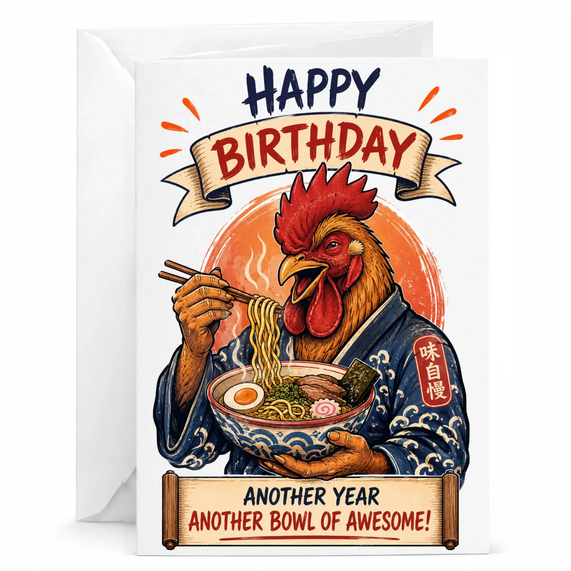 Funny Birthday Card Featuring a Chicken Eating Ramen Noodles with Japanese Inspired Illustration Graphic Art Design
