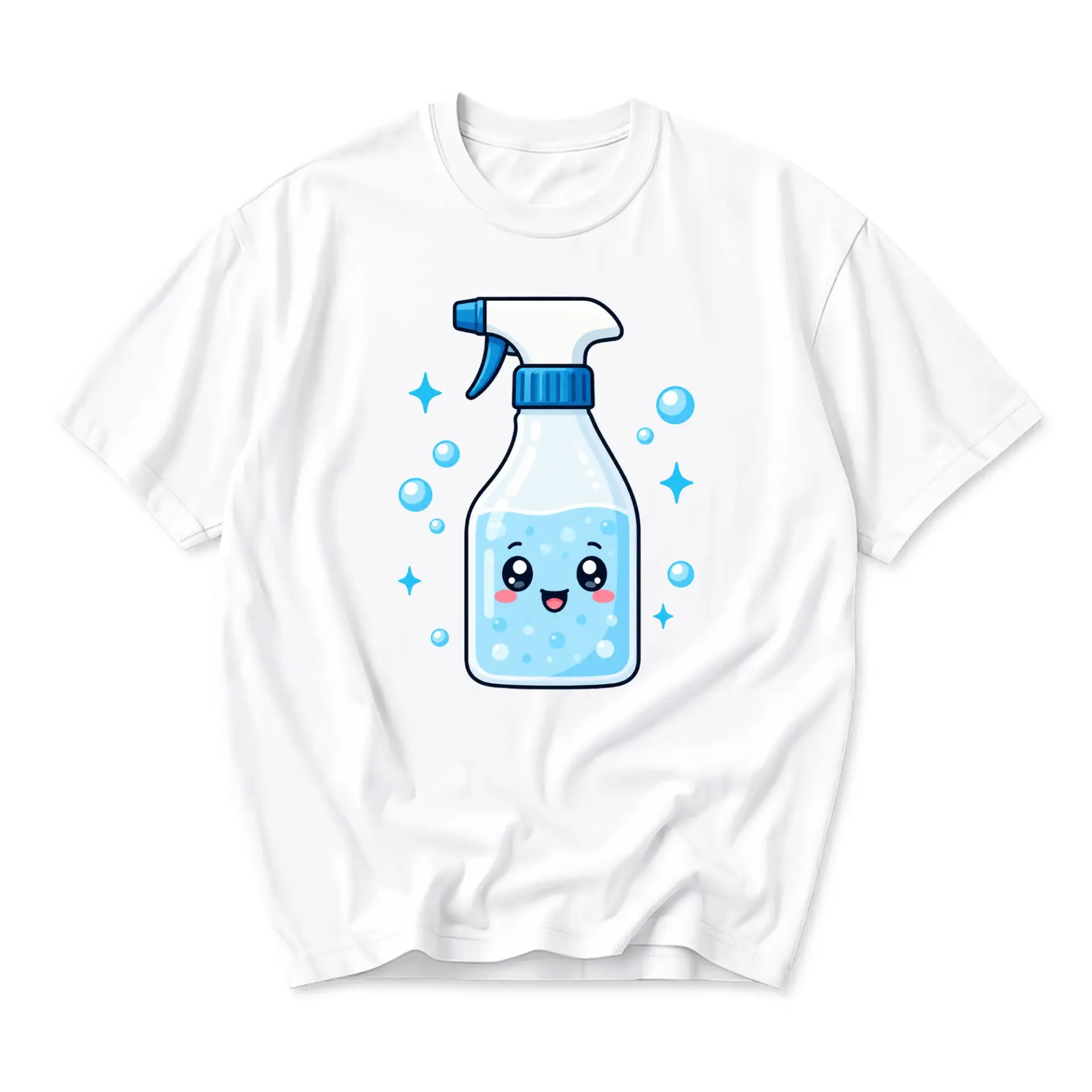Graphic Tee Unisex Crew Neck T-Shirt Featuring a Cute Kawaii Spray Bottle Cleaning Supply Illustration White Shirt
