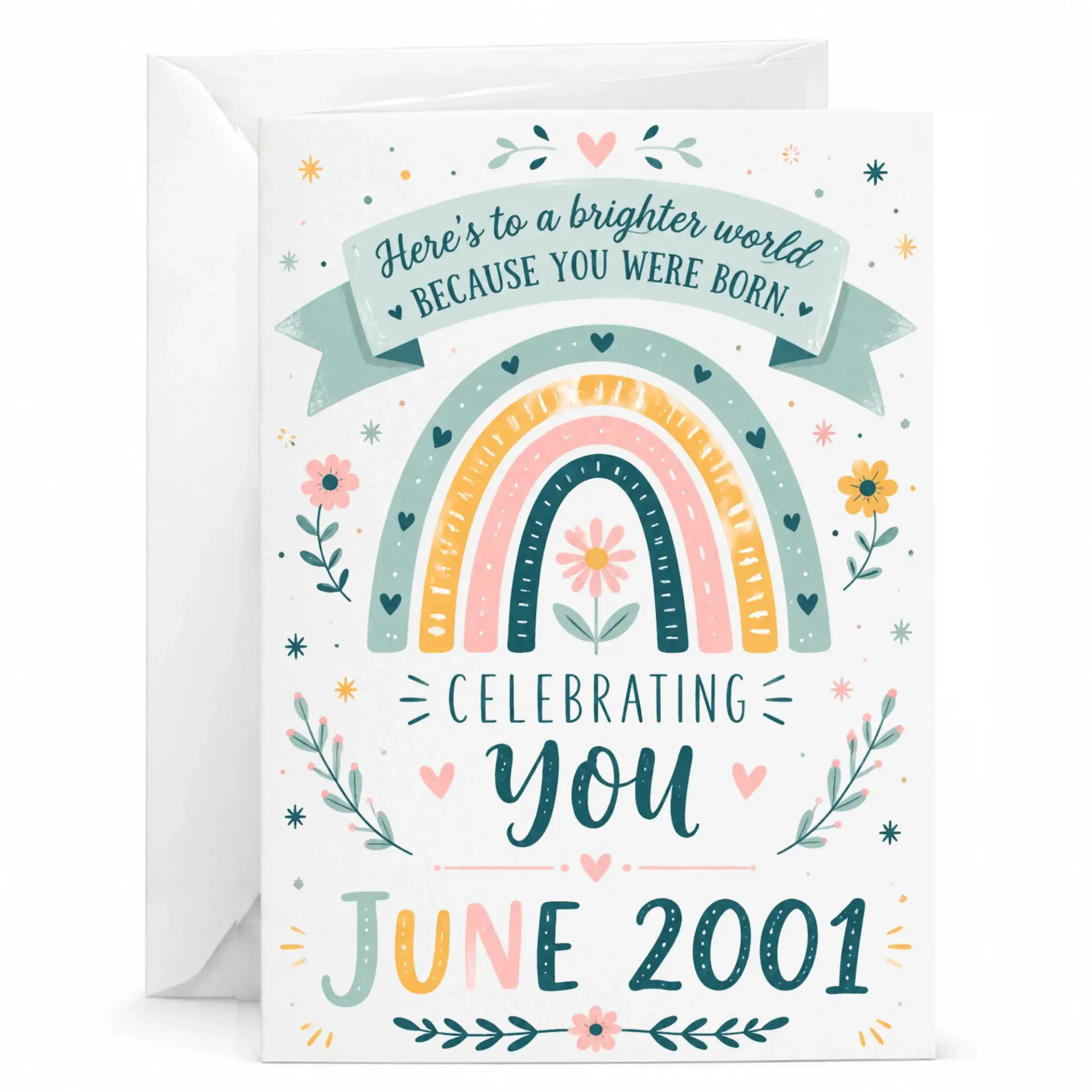 Birthday Card Celebrating You June 2001, Inspirational Rainbow Floral Greeting Card for Milestone Birthday Occasion