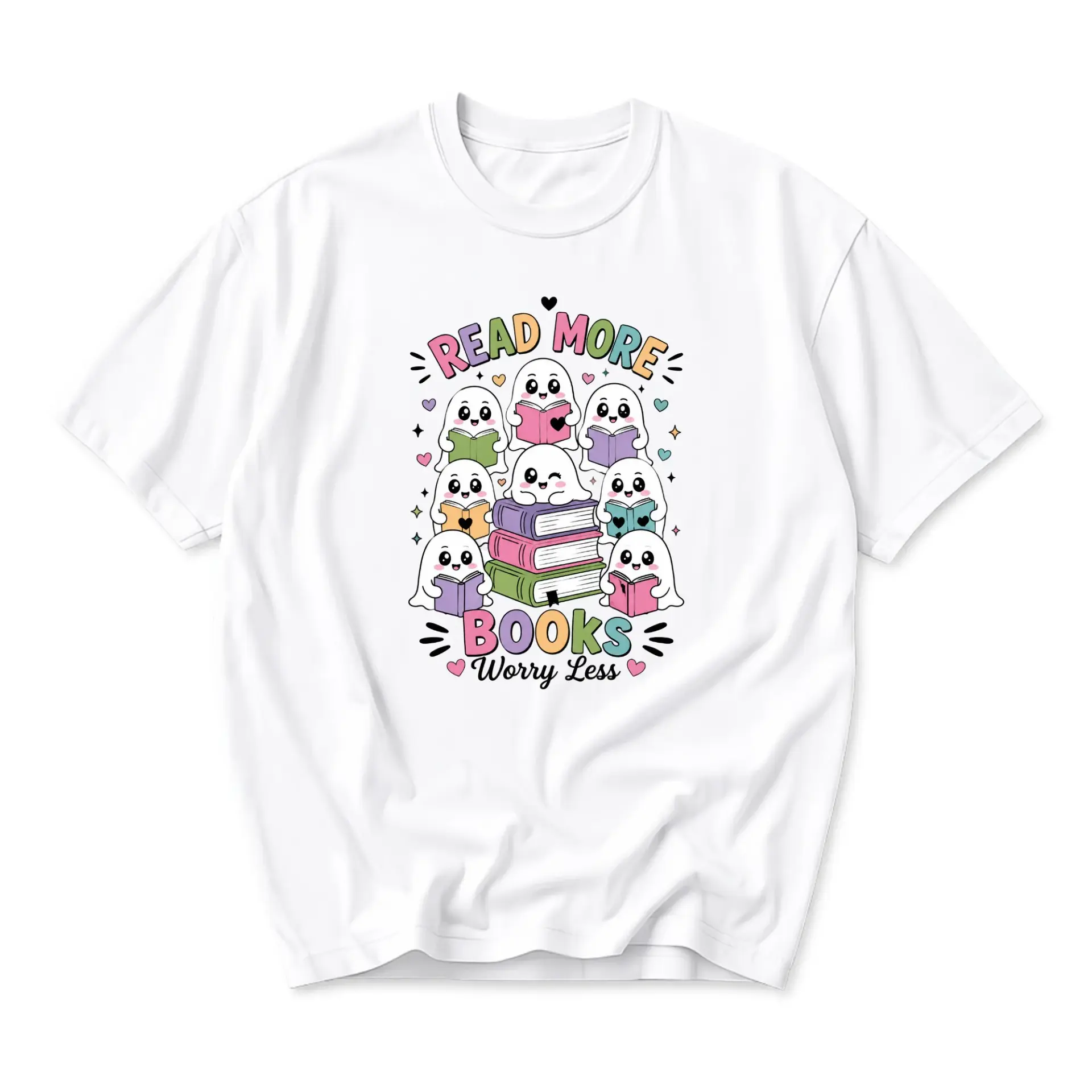 Graphic Tee Read More Books Worry Less Cute Ghost Illustration Unisex Crew Neck Short Sleeve Cotton Casual Top