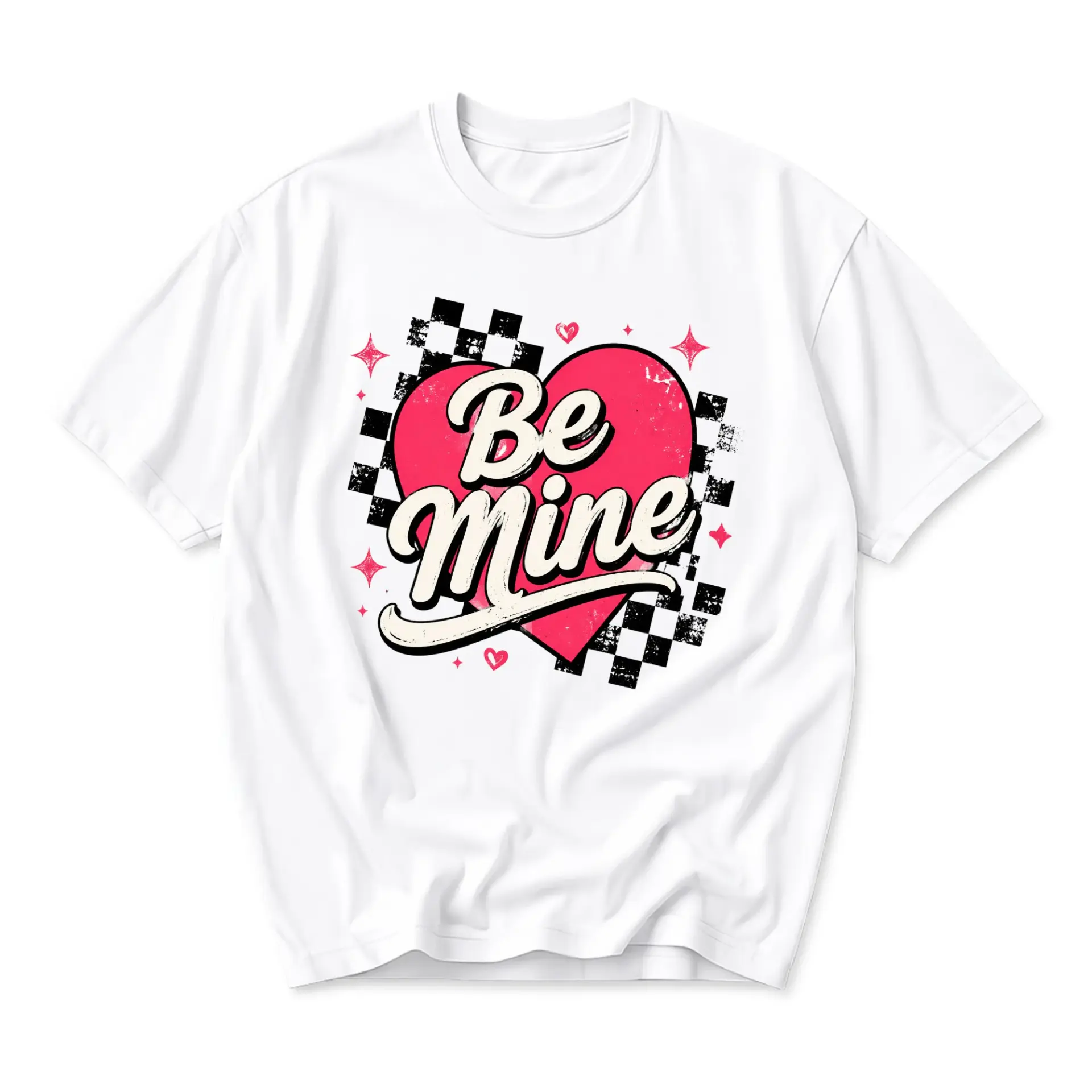 Graphic Tee Be Mine Heart Checkered Pattern Unisex Crew Neck Short Sleeve Casual Cotton Blend Fashion Shirt