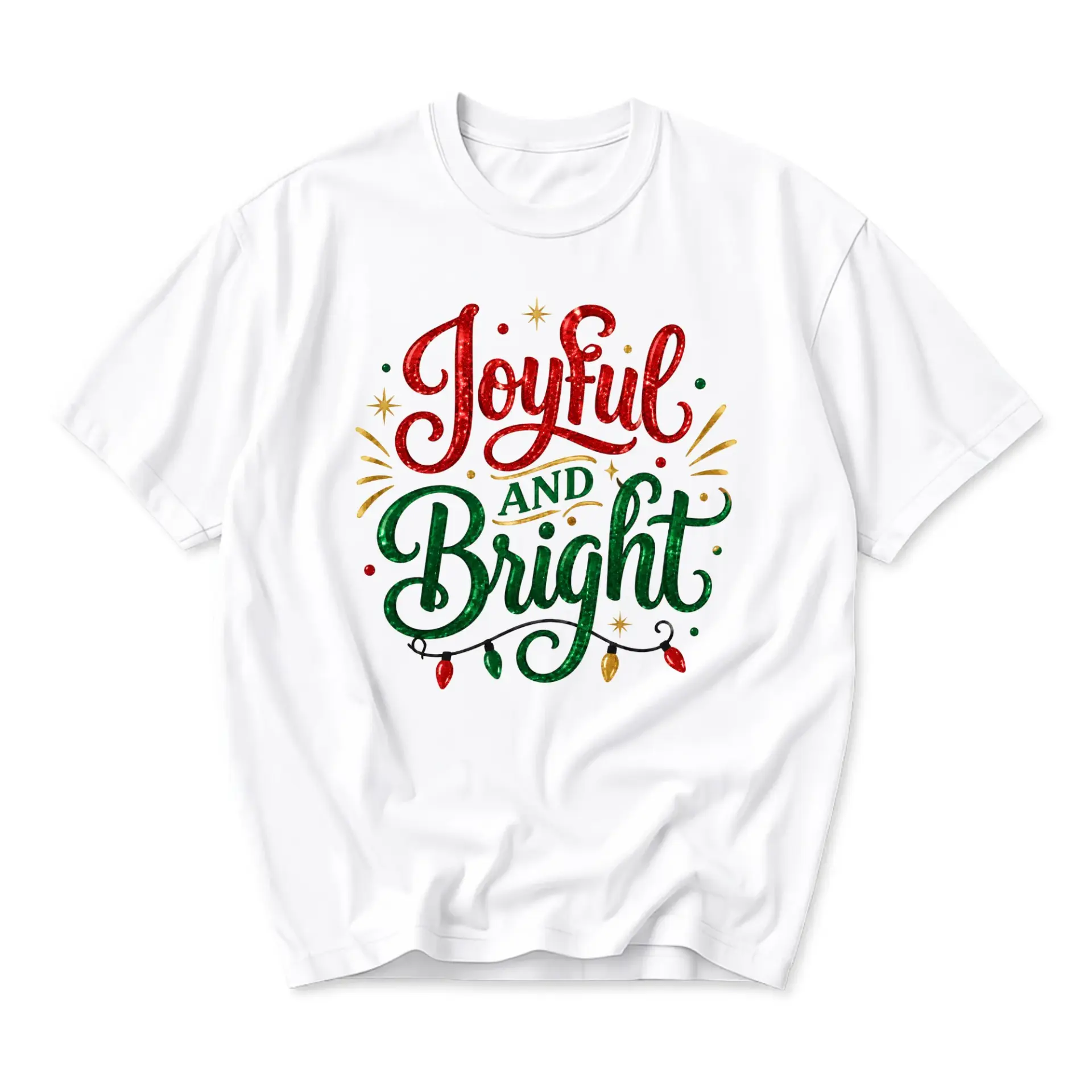 Graphic Tee Joyful and Bright Holiday Season Festive Script Design Unisex Crew Neck Soft Cotton Casual Shirt White