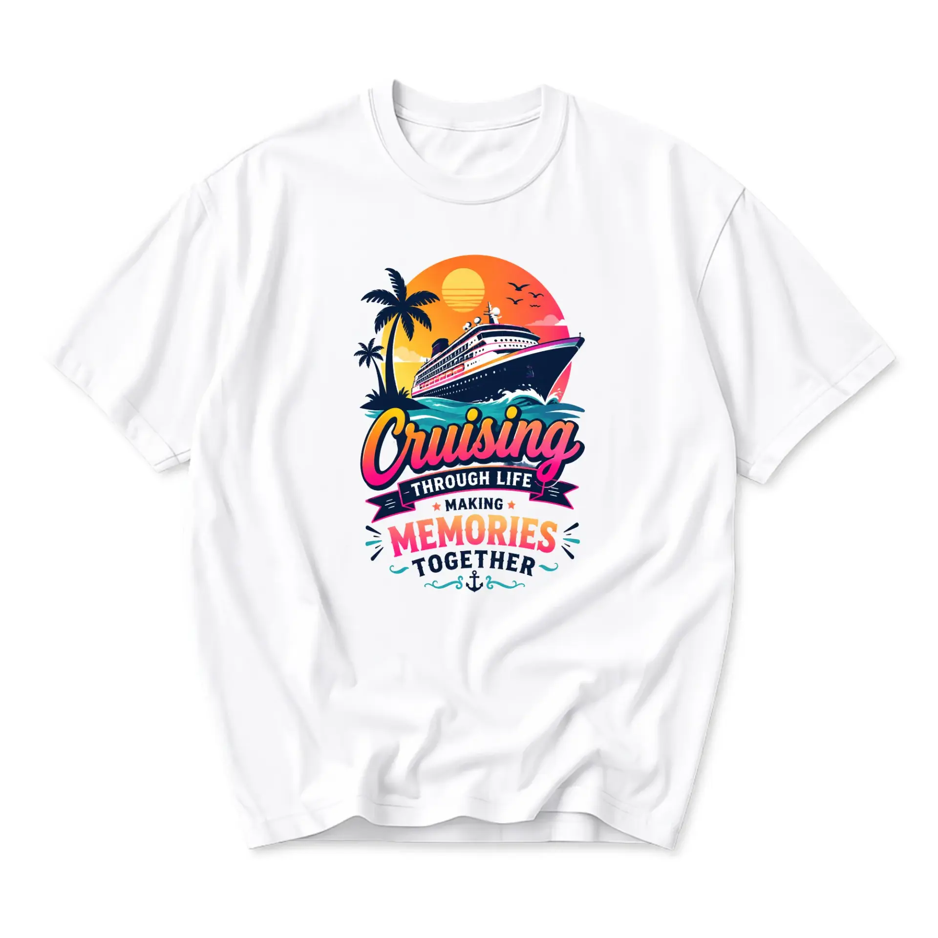 Graphic Tee Cruising Through Life Tropical Cruise Ship Design Unisex Crew Neck Shirt