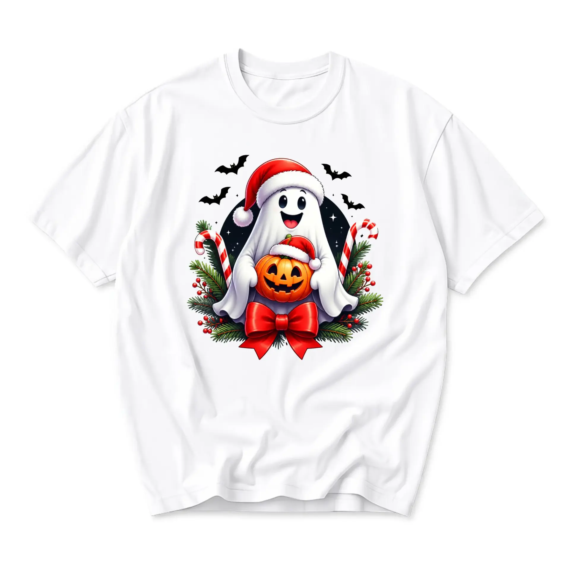 Graphic Tee Ghost with Christmas Hat and Pumpkin Holiday Fusion Unisex Crew Neck Short Sleeve Casual Cotton T-Shirt