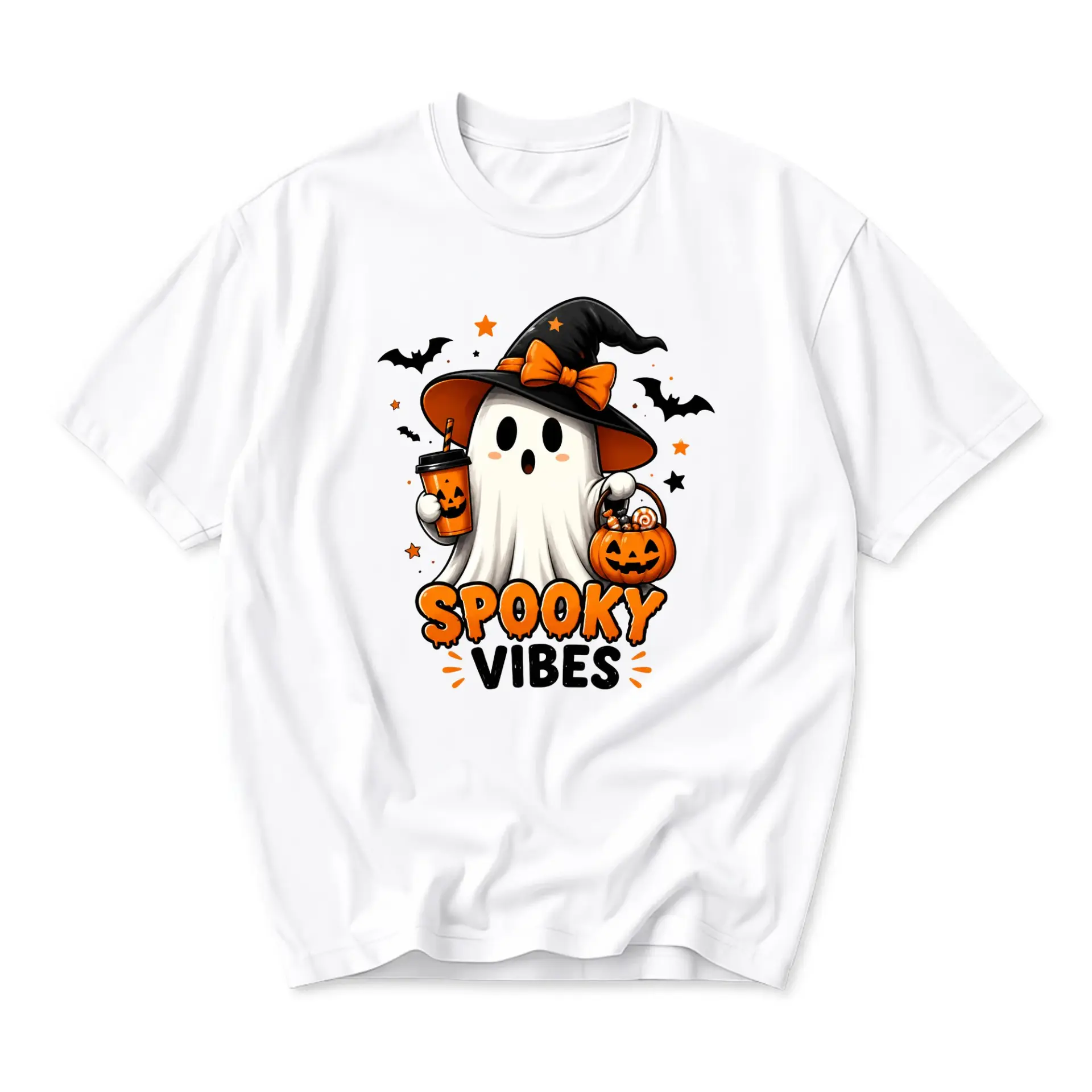 T-shirt Spooky Vibes Halloween Graphic Tee Cute Ghost Wearing Witch Hat with Jack-O-Lantern Bucket and Coffee Cup