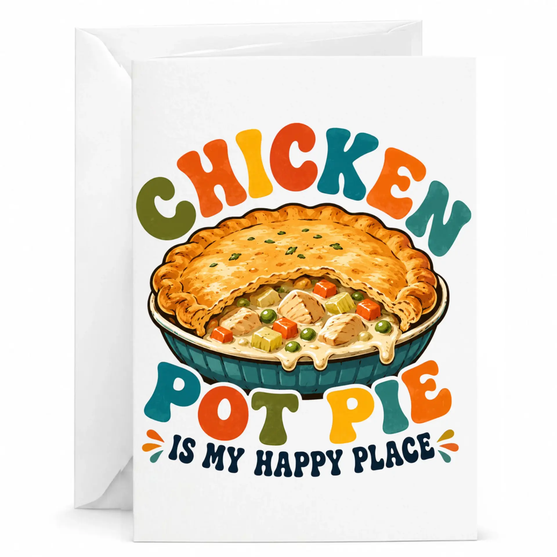 Funny Chicken Pot Pie Is My Happy Place Greeting Card Comfort Food Lover Gift Idea with Matching White Envelope