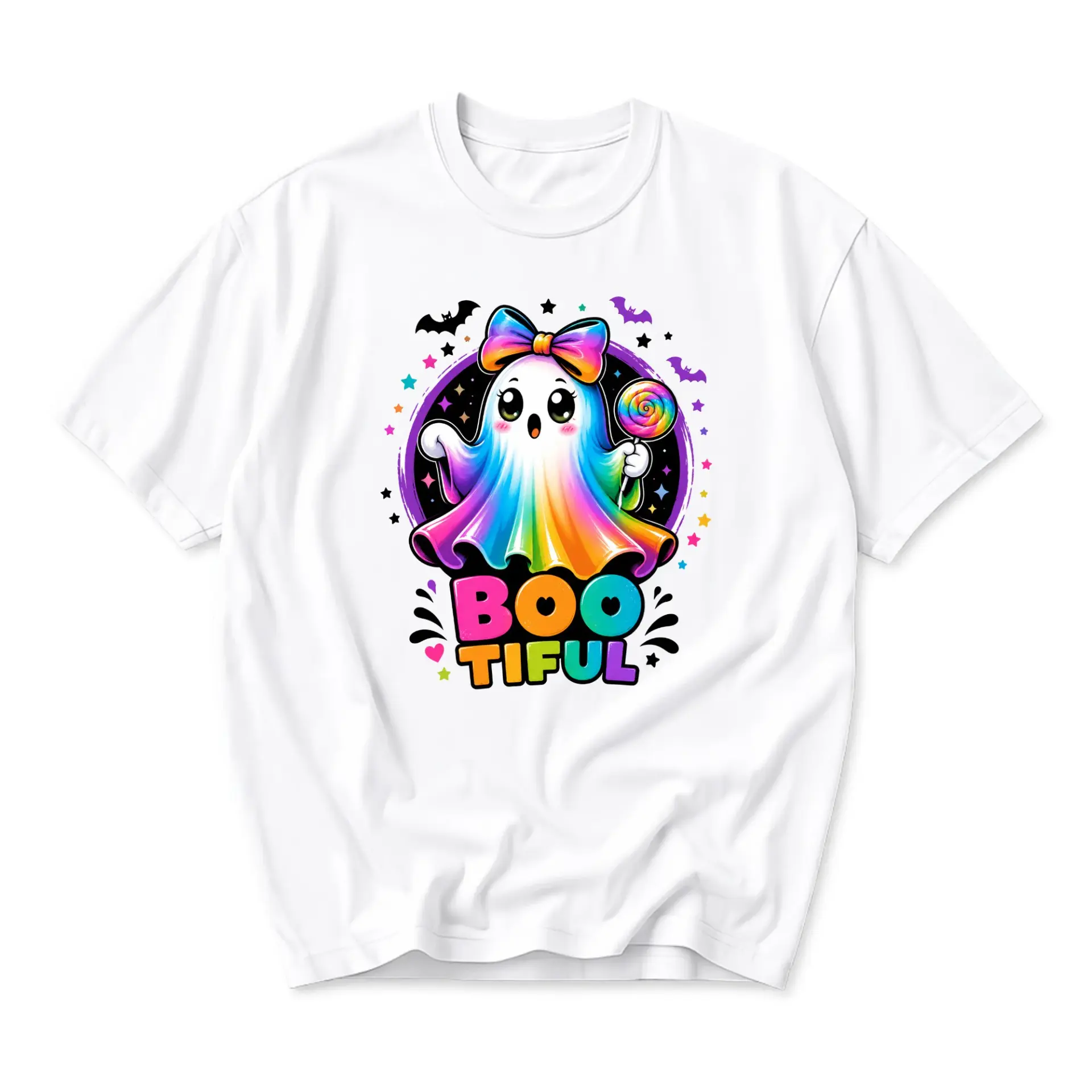 Funny Shirt Bootiful Rainbow Ghost Graphic Tee Cute Colorful Aesthetic Casual Unisex Cotton Crew Neck Top