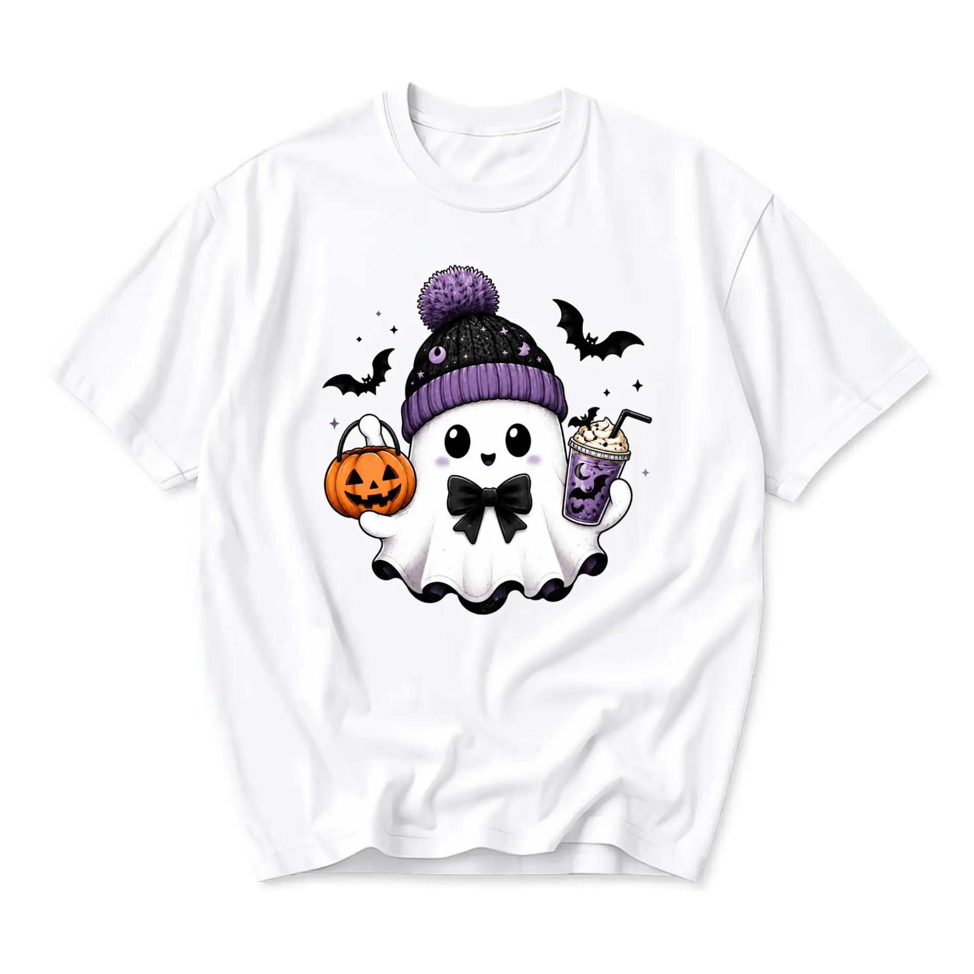 Graphic Tee Cute Ghost Wearing Purple Beanie Holding Pumpkin and Drink Unisex Casual Short Sleeve Crew Neck T-Shirt