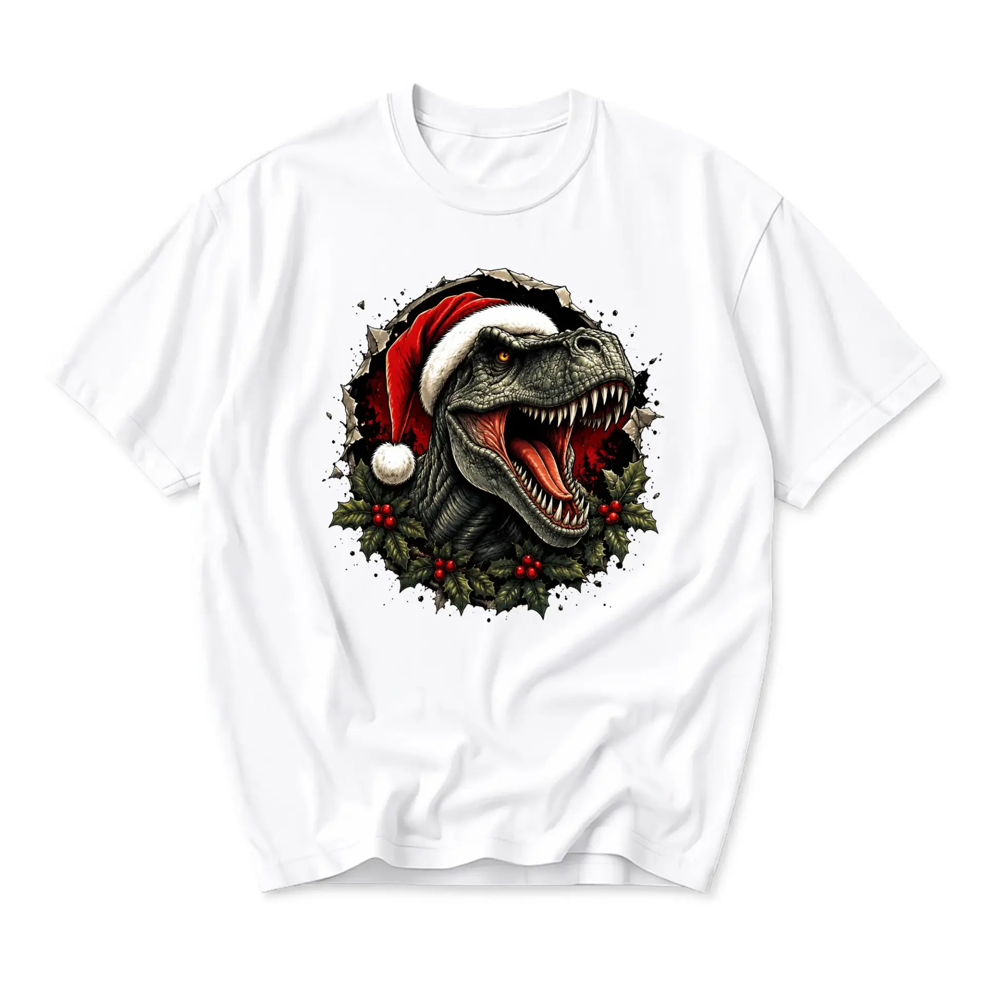 Graphic Tee Unisex Crew Neck T-Shirt Featuring a Holiday Dinosaur Design